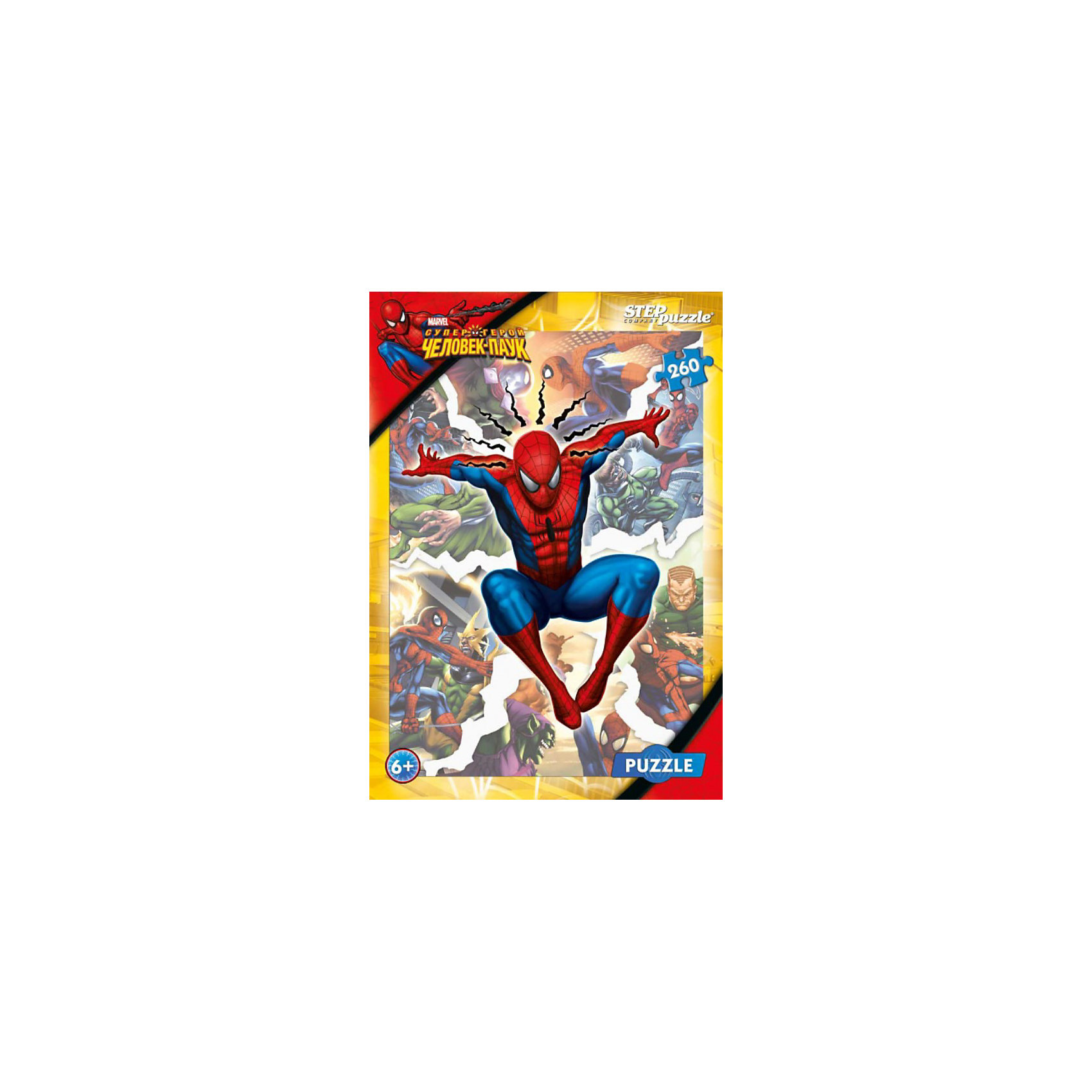 Степ-пазл Человек-Паук, 260 деталей, Marvel Heroes Степ-пазл Человек-Паук, 260 деталей, Marvel HeroesСтеп пазл 260 деталей, Marvel Человек-Паук - яркий и красочный пазл с изображением супергероя анимационных фильмов Человека-паука, созданного на основе комиксов Marvel.<br><br>Укус радиоактивного паука наделил Питера Паркера необыкновенными способностями. Потеряв любимого дядю, Питер дал клятву, что будет защищать родной город и перевоплотился в Человека-паука.<br>Девиз Питера: «Чем больше сила, тем больше ответственность».<br><br>Дополнительная информация:<br><br>- Количество элементов: 260.<br>- Размер в собранном виде: 345x240 мм.<br>- Упаковка: карт. коробка: 280х195х34 мм.<br>- Материал: картон.<br><br>Отличное развлечение для маленьких и взрослых, способствующее развитию внимательности и памяти.<br><br>Ширина мм: 280<br>Глубина мм: 40<br>Высота мм: 195<br>Вес г: 271<br>Возраст от месяцев: 60<br>Возраст до месяцев: 144<br>Пол: Мужской<br>Возраст: Детский<br>SKU: 2504360