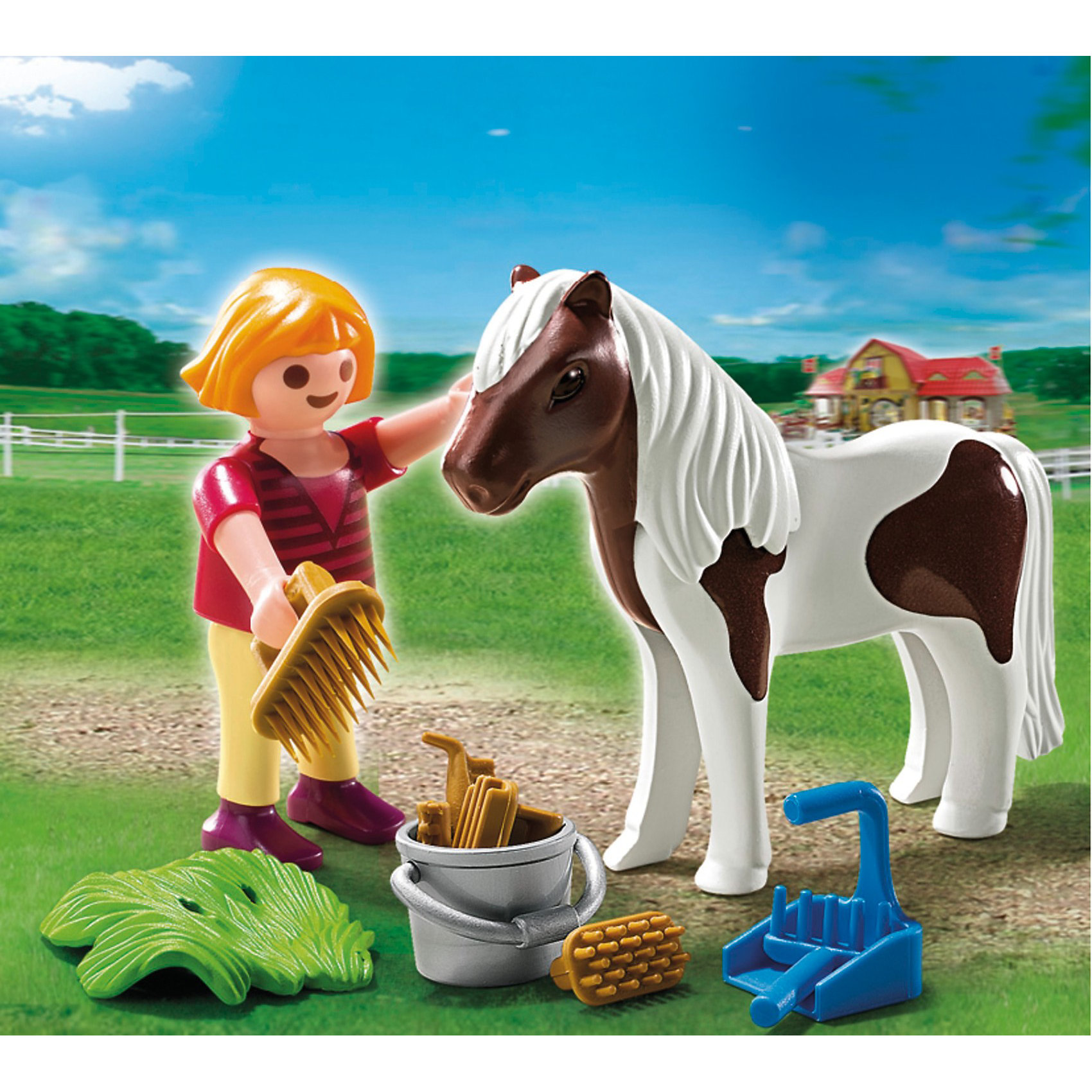 PLAYMOBIL 5291 Экстра-набор: Девочка и пони PLAYMOBIL 5291 Экстра-набор: Девочка и пониПластмассовые конструкторы<br>Девочка и пони – набор, с помощью которого можно реализовать немало сюжетов.<br>Игровые наборы Playmobil понравятся крохе, ведь детям так нравится играть с питомцами. <br>Красивая лошадка с длинной волнистой гривой должна быть чистой всегда, и за ней нужно ухаживать, применяя разные аксессуары для расчесывания и чистки животного. <br>Девочка возьмет щетку и расчешет гриву, помоет лошадку с водой в ведерке. <br>Чтобы животное чувствовало себя хорошо, его нужно не только кормить, оно должно быть чистым и ухоженным.<br>В конструкторы входят девочка, лошадка, ведерко, щетка, лопата и грабли и 6 предметов ухода за животным.<br>Ребенок приведет во двор лошадку, возьмет ведерко с водой и начнет ее мыть. <br>Мягкая щеточка прочистит шерстку, а расческа с длинными зубьями приведет в порядок гриву и хвост. <br>Чтобы место, где пасется животное, было убрано, понадобятся лопатка и грабли и убирается навоз и мусор. <br>Вкусную траву можно положить на землю, и лошадка будет ее кушать. <br>Шесть предметов для ухода за животным необходимы, чтобы лошадке сделать массаж мышц ног, расчесать и промассажировать бока.<br>Игрушка от Playmobil (Плеймобил) учит ребенка любить животных, ухаживать за ними и кормить. <br>Во время игры у малыша развивается внимание, любознательность, образное мышление и воображение.<br><br>PLAYMOBIL 5291 Экстра-набор: Девочка и пони можно купить в нашем магазине.<br><br>Ширина мм: 131<br>Глубина мм: 99<br>Высота мм: 45<br>Вес г: 58<br>Возраст от месяцев: 48<br>Возраст до месяцев: 120<br>Пол: Женский<br>Возраст: Детский<br>SKU: 2554720