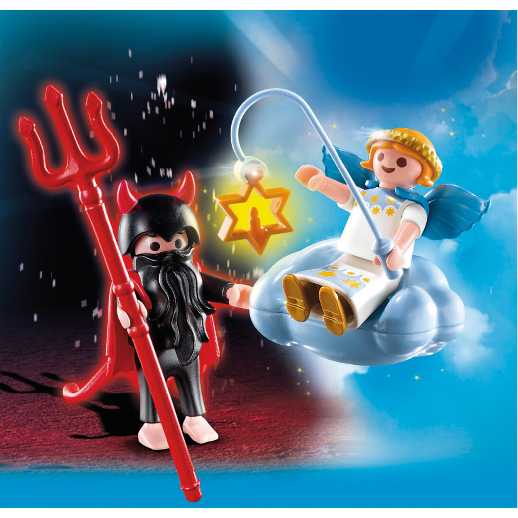 PLAYMOBIL 5411 Экстра-набор: Ангел и Демон PLAYMOBIL 5411 Экстра-набор: Ангел и ДемонПластмассовые конструкторы<br>Ангел и Демон помогут ребенку разобраться в понятиях добра и зла. <br>Сражение добра и зла встречается во многих мультфильмах, и дети также хотят оказаться на той или иной стороне чтобы вступить в сражение и доказать, что они сильные и ловкие. <br>Игровые наборы Playmobil помогут создать интересную сцену. <br>Демон одет во все черное, на голове у него шлем с красными рогами, а на плечах плащ с хвостом, а в руках огненный трезубец. <br>Демон стоит на земле и старается дотянуться до ангела. <br>Висящее в небе облако поддерживает крылатого ангела, у него на голове золотой обруч, а в руке удочка со звездой. <br>За спиной у ангела голубые крылья, а одет он в белые одежды. <br>Конструкторы можно использовать в комплекте или отдельно. <br>В набор от Playmobil (Плеймобил) включена фигурка ангела с фонариком в виде звезды, венок на голову ангелу, крылья и облако. <br>К фигурке демона идет трезубец, шлем с рогами, накидка с хвостом и борода.<br>Ребенок может играть с ангелом и демоном, устраивать противостояния между ними и создавать периоды перемирия.<br>Игрушка учит ребенка уважать и ценить добро, стараться быть праведным, малыши начинают понимать разницу между ангелом и демоном, развивают воображение и образное мышление.<br><br>PLAYMOBIL 5411 Экстра-набор: Ангел и Демон можно купить в нашем магазине.<br><br>Ширина мм: 142<br>Глубина мм: 99<br>Высота мм: 35<br>Вес г: 60<br>Возраст от месяцев: 48<br>Возраст до месяцев: 120<br>Пол: Унисекс<br>Возраст: Детский<br>SKU: 2554729
