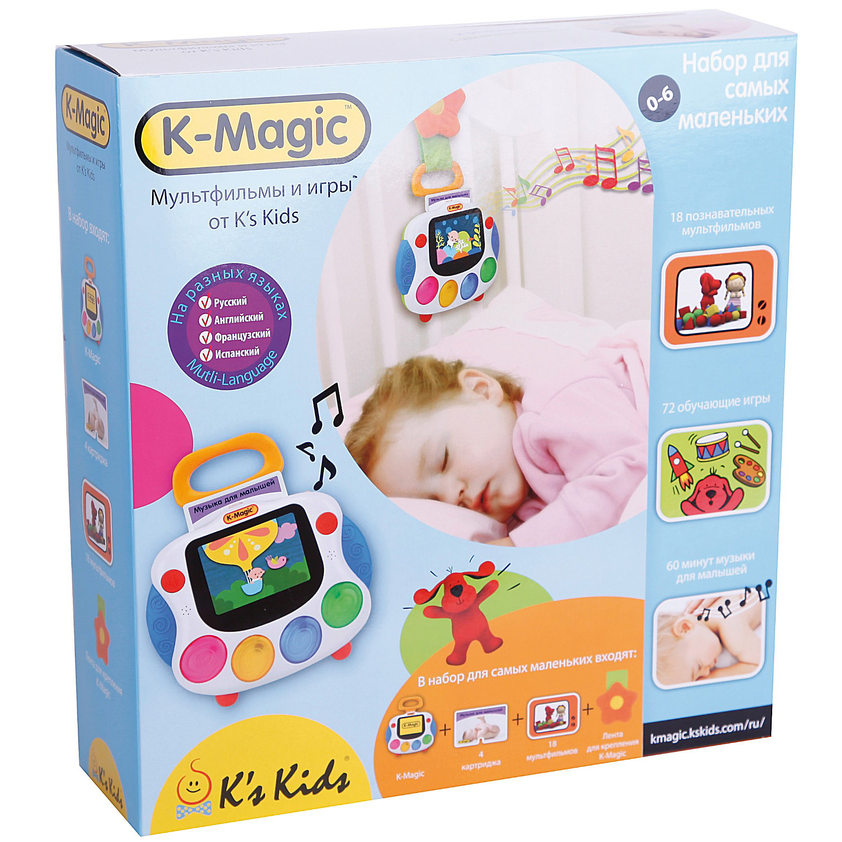 Набор K-Magic для новорожденных Набор K-Magic для новорожденныхНабор K-Magic для новорожденных предназначен для самых маленьких деток, благодаря ему Ваш малыш сможет с первых дней своей жизни получать полезные и интересные сведения о мире, окружающем его.<br><br>K-Magic представляет собой игровую консоль с полноцветным дисплеем. Под монитором есть 4 кнопки – розовая, желтая, синяя и зеленая, с помощью которых можно выбрать игру, мультфильм или музыку для Вашего малыша, а наверху находится кнопка включения. К кроватке малыша или к его коляске игрушку можно прикрепить с помощью специальной ленты крепления, представляющей собой липучку, выполненную в виде браслетика с цветком. Звук передается с помощью двух стереодинамиков и регулируется красной кнопкой, которая находится с левой стороны от монитора. У игрушки есть 3 уровня громкости, что позволяет установить звук, наиболее комфортный для Вашего малыша.<br><br>Развивающая игрушка может показать Вашему малышу 20 мультфильмов на различные темы – «Музыка», «Звуки», «Цифры» и другие обучающие, воспитательные и познавательные темы. Героями мультиков являются зверюшки Иван, Сэм, Патрик, Мими и девочка Джулия. Вместе с Вашим малышом они будут познавать мир, попадая в удивительные и интересные приключения. Озвучивание мультфильмов выполнено на разных языках – русском, английском, французском и испанском. Кроме того, в набор входят 4 картриджа с играми и музыкой, с помощью которых Ваш малыш сможет познакомиться с различными геометрическими фигарами, цветами, научится строить из кубиков и просто послушает хорошую музыку. Всего на картриджах записаны 72 развивающие игры для самых маленьких и 60 минут музыки.<br><br>Игрушка прекрасно развивает внимание, память и воображение Вашего малыша с первых дней его жизни, а также помогает тренировать координацию движений и мелкую моторику.<br><br>Дополнительная информация:<br><br>- В наборе для новорожденных: детская интерактивная консоль для игр и просматривания мультфильмов, 4 волшебных картриджа (3 обучающих игровых картриджа и 1 картридж Музыка для малышей), подвесной ремешок.<br>- 20 мультфильмов.<br>- Портативный дизайн.<br>- 2 стериодинамика.<br>- 3,5 дюймовый HD экран — четкое насыщенное цветами изображение без бликов<br>-Питание: 3 х АА батарейки (не входят в комплект).<br><br>Ширина мм: 315<br>Глубина мм: 85<br>Высота мм: 300<br>Вес г: 1010<br>Возраст от месяцев: 0<br>Возраст до месяцев: 36<br>Пол: Унисекс<br>Возраст: Детский<br>SKU: 2620717