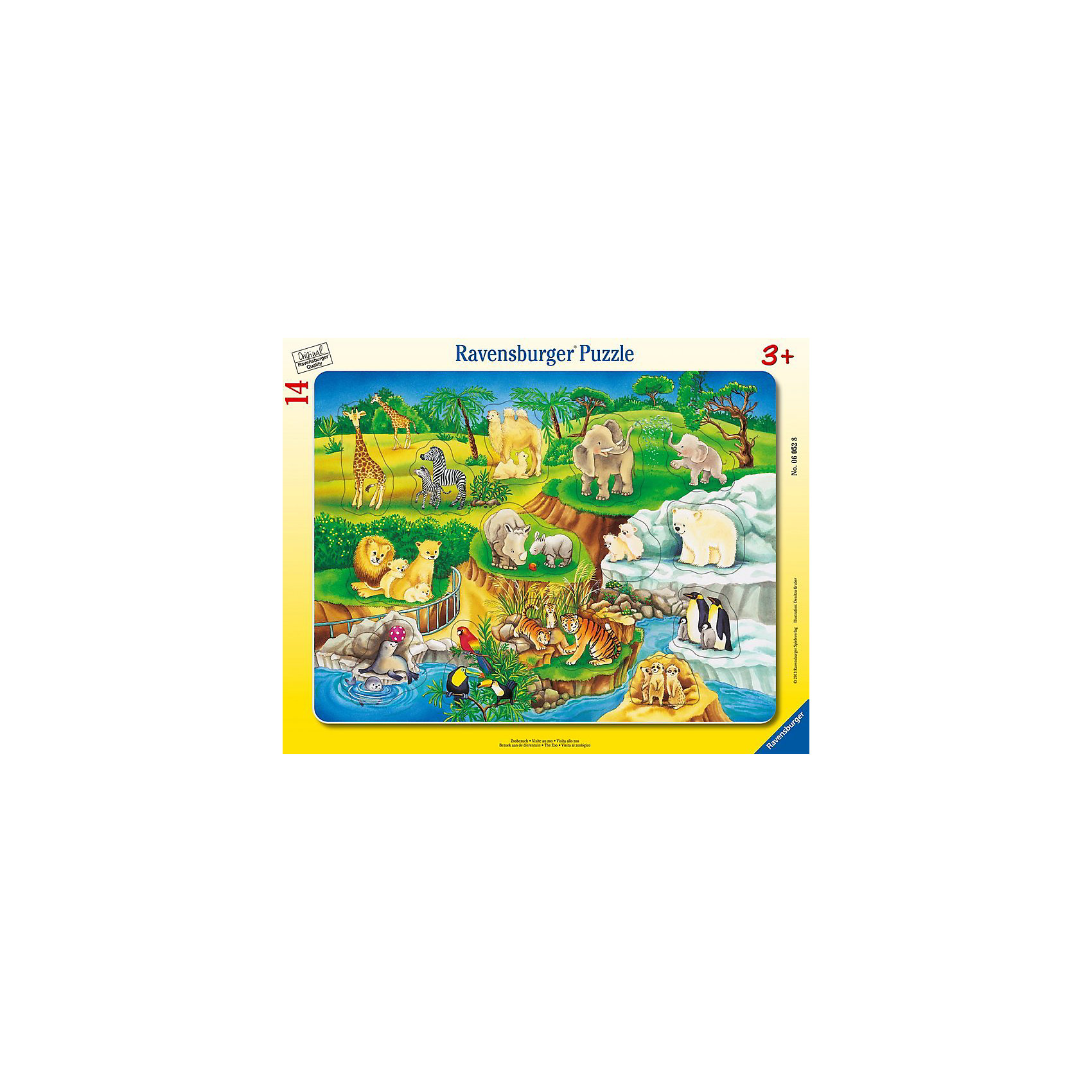Пазл Зоопарк, 14 деталей, Ravensburger Пазл Зоопарк, 14 деталей, RavensburgerПазлы для малышей<br>Пазл Зоопарк, 14 деталей, Ravensburger (Равенсбургер) – это отличная развивающая игра-головоломка для детей.<br>Красочный пазл Зоопарк от немецкого производителя Ravensburger (Равенсбургер) состоит из 14 крупных картинок, изготовленных из качественного экологичного материала. Пазл познакомит ребенка с обитателями зоопарка. Малышу предстоит правильно разместить животных с детенышами на картинке с изображением территории зоопарка. Процесс сборки пазла не только увлечет ребенка, но поможет развить мелкую моторику рук, наблюдательность, логическое мышление, усидчивость, терпение, аккуратность, внимание и познакомит с окружающим миром. Пазлы Ravensburger (Равенсбургер) - это высочайшее качество картона и полиграфии. Детали пазла не ломаются, не подвергаются деформации при сборке. Элементы пазла идеально соединяются друг с другом, не отслаиваются с течением времени. Матовая поверхность исключает отблески.<br><br>Дополнительная информация:<br><br>- Количество деталей: 14<br>- Размер картинки: 33х25 см.<br>- Материал: прочный, качественный картон<br>- Размер упаковки: 38 x 30 x 1 см.<br><br>Пазл Зоопарк, 14 деталей, Ravensburger (Равенсбургер) можно купить в нашем интернет-магазине.<br><br>Ширина мм: 375<br>Глубина мм: 289<br>Высота мм: 7<br>Вес г: 296<br>Возраст от месяцев: 36<br>Возраст до месяцев: 60<br>Пол: Унисекс<br>Возраст: Детский<br>Количество деталей: 14<br>SKU: 2886866