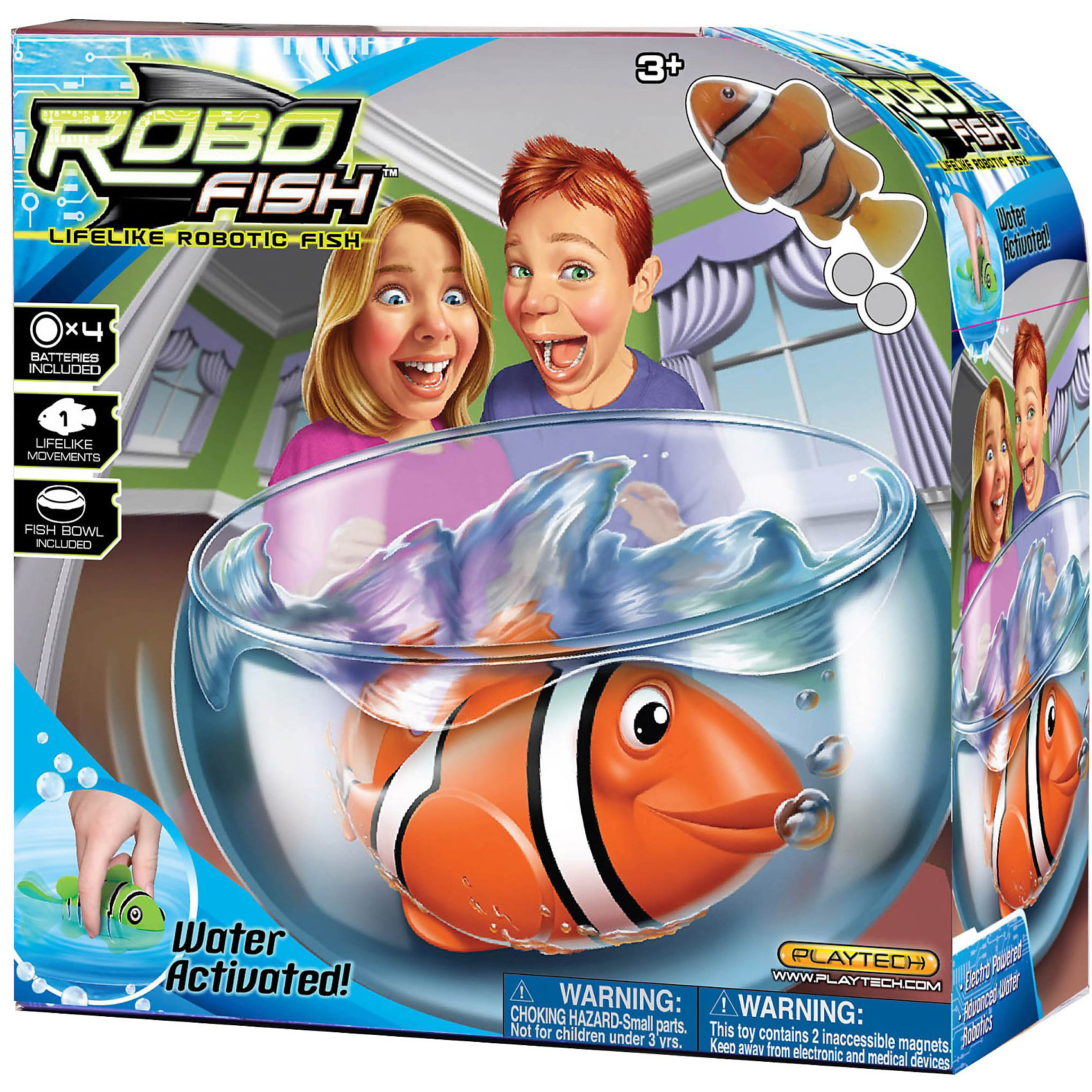 РобоРыбка Клоун с аквариумом, RoboFish РобоРыбка Клоун с аквариумом, RoboFishНабор РобоРыбка (Robofish) клоун с аквариумом - прекрасный подарок ребенку. Робофиш клоун при погружении в аквариум или другою емкостью с водой начинает плавать – опускаясь ко дну и поднимаясь к поверхности воды.<br><br>Дополнительная информация:<br><br>- Роборыбка работает от двух батареек А76 или RL44, которые входят в комплект (две установлены в игрушку и 2 запасные)<br>- Электромагнитный мотор позволяет рыбке двигаться в 5 направлениях.<br>- Аквариум изготовлен из пластика<br>- Длина рыбки: 7.5 см.<br>- Размер аквариума: 23 х 14 см.<br><br>РобоРыбку Клоун с аквариумом, RoboFish можно купить в нашем магазине.<br><br>Ширина мм: 615<br>Глубина мм: 455<br>Высота мм: 325<br>Вес г: 685<br>Возраст от месяцев: 36<br>Возраст до месяцев: 144<br>Пол: Унисекс<br>Возраст: Детский<br>SKU: 2999509
