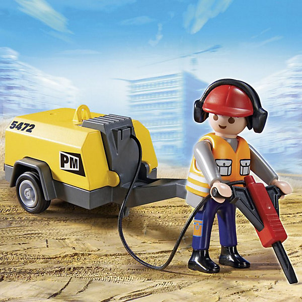 PLAYMOBIL 5472 Стройка: Строитель с отбойным молотком PLAYMOBIL 5472 Стройка: Строитель с отбойным молоткомПластмассовые конструкторы<br>Конструктор PLAYMOBIL (Плеймобил) 5472 Стройка: Строитель с отбойным молотком - находка для заботливых родителей! Конструктор Вашего ребенка должен быть именно таким: красочным, безопасным и очень интересным. Серия Стройка посвящена важной работе строителей, которые каждый день облагораживают город, строя дома и прокладывая трубы. У строителей много техники и оборудования с помощью которого они с успехом выполняют сложные задачи. Сегодня строителю нужно разбить старый асфальт в месте прокладки труб. Он берет в руки отбойный молоток. Строитель одевает каску и наушники, ведь отбойный молоток создает сильный шум. С помощью этого замечательного набора Вы сможете с легкостью показать ребенку как работает строительная техника. Создай увлекательные сюжеты с набором Строитель с отбойным молотком или объедини его с другими наборами серии и игра станет еще интереснее. Придумывая замечательные сюжеты с деталями конструктора, Ваш ребенок развивает фантазию, учится заботе и просто прекрасно проводит время!<br><br>Дополнительная информация:<br><br>- Конструкторы PLAYMOBIL (Плеймобил) отлично развивают мелкую моторику, фантазию и воображение;<br>- В наборе: минифигурка строителя, отбойный молоток, блок питания, аксессуары;<br>- Количество деталей: 9 шт;<br>- Материал: безопасный пластик;<br>- Размер минифигурки: 7,5 см;<br>- Размер упаковки: 15 х 15 х 6 см<br><br>Конструктор PLAYMOBIL (Плеймобил) 5472 Стройка: Строитель с отбойным молотком можно купить в нашем интернет-магазине.<br><br>Ширина мм: 154<br>Глубина мм: 154<br>Высота мм: 53<br>Вес г: 98<br>Возраст от месяцев: 48<br>Возраст до месяцев: 120<br>Пол: Мужской<br>Возраст: Детский<br>SKU: 3101939