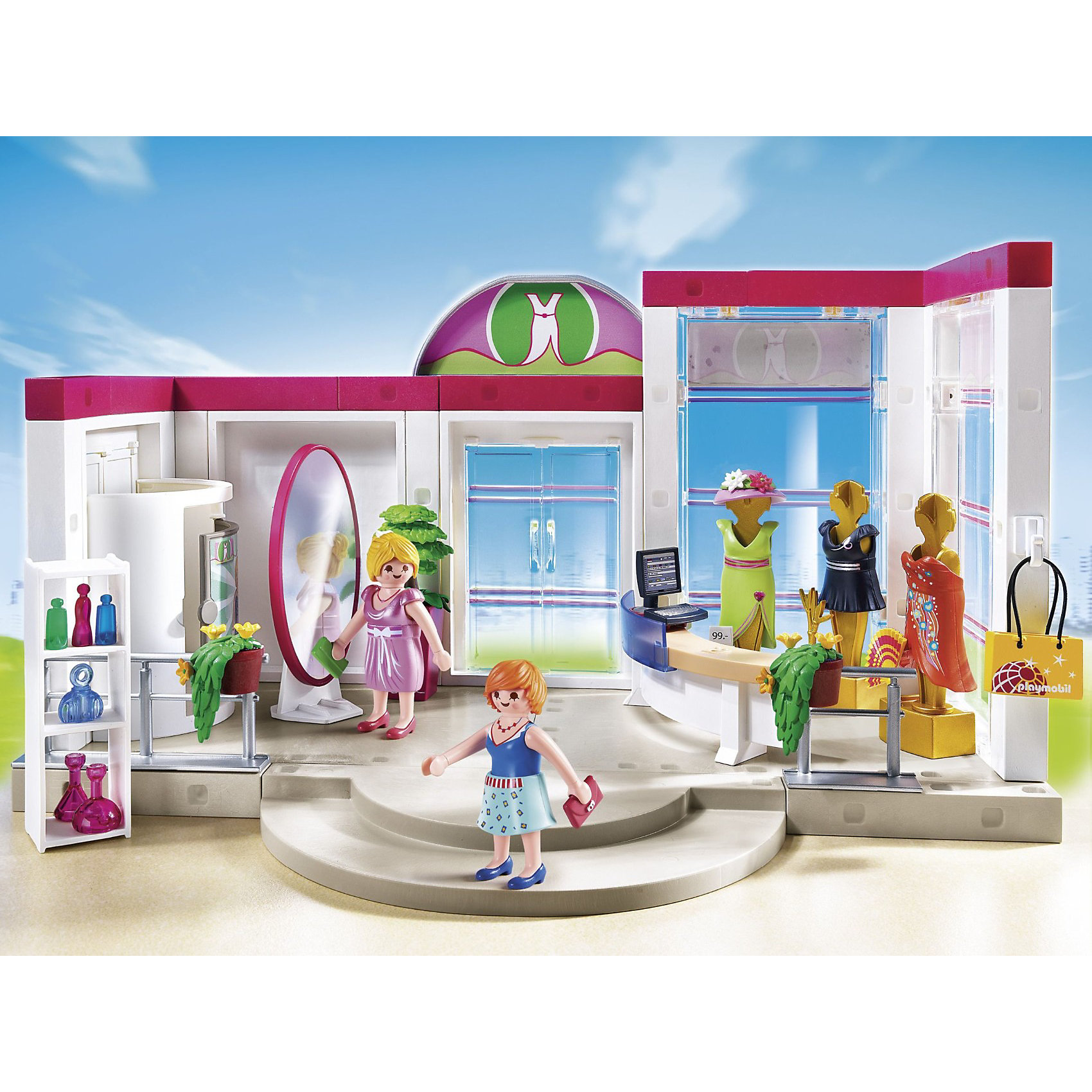 Бутик с одеждой и гардеробной, PLAYMOBIL Бутик с одеждой и гардеробной, PLAYMOBILПластмассовые конструкторы<br>Этот набор приведет в восторг всех девочек. Отправляйся в модный бутик, здесь ты найдешь много одежды и аксессуаров. В гардеробной можно примерить понравившееся платья. Двери бутика и гардеробной открываются. Посмотри по сторонам: все выглядит, как в настоящем модном магазине - большие зеркала, компьютер с кассой, множество милых вещиц. В набор входят 2 фигурки девушек, бутик, примерочная, стойка кассира, стеллаж и множество аксессуаров, которые сделаю игру еще более реалистичнее и интереснее. Фигурки имеют подвижные конечности, в руки можно вложить различные вещи. Все детали прекрасно проработаны и выполнены из высококачественного экологичного пластика безопасного для детей. Играть с таким набором не только приятно и интересно - подобные виды игры развивают мелкую моторику, воображение, творческое мышление.<br><br>Дополнительная информация:<br><br>- 2 фигурки в наборе.<br>- Комплектация: бутик, примерочная, касса, стеллаж, манекены в платьях, аксессуары. <br>- Материал: пластик.<br>- Размер упаковки: 40х30х10,7 см.<br>- Высота фигурки: 7,5 см.<br>- Голова, руки, ноги у фигурок подвижные.<br><br>Набор Бутик с одеждой и гардеробной, PLAYMOBIL (Плеймобил), можно купить в нашем магазине.<br><br>Ширина мм: 401<br>Глубина мм: 299<br>Высота мм: 107<br>Вес г: 1343<br>Возраст от месяцев: 60<br>Возраст до месяцев: 144<br>Пол: Женский<br>Возраст: Детский<br>SKU: 3101959