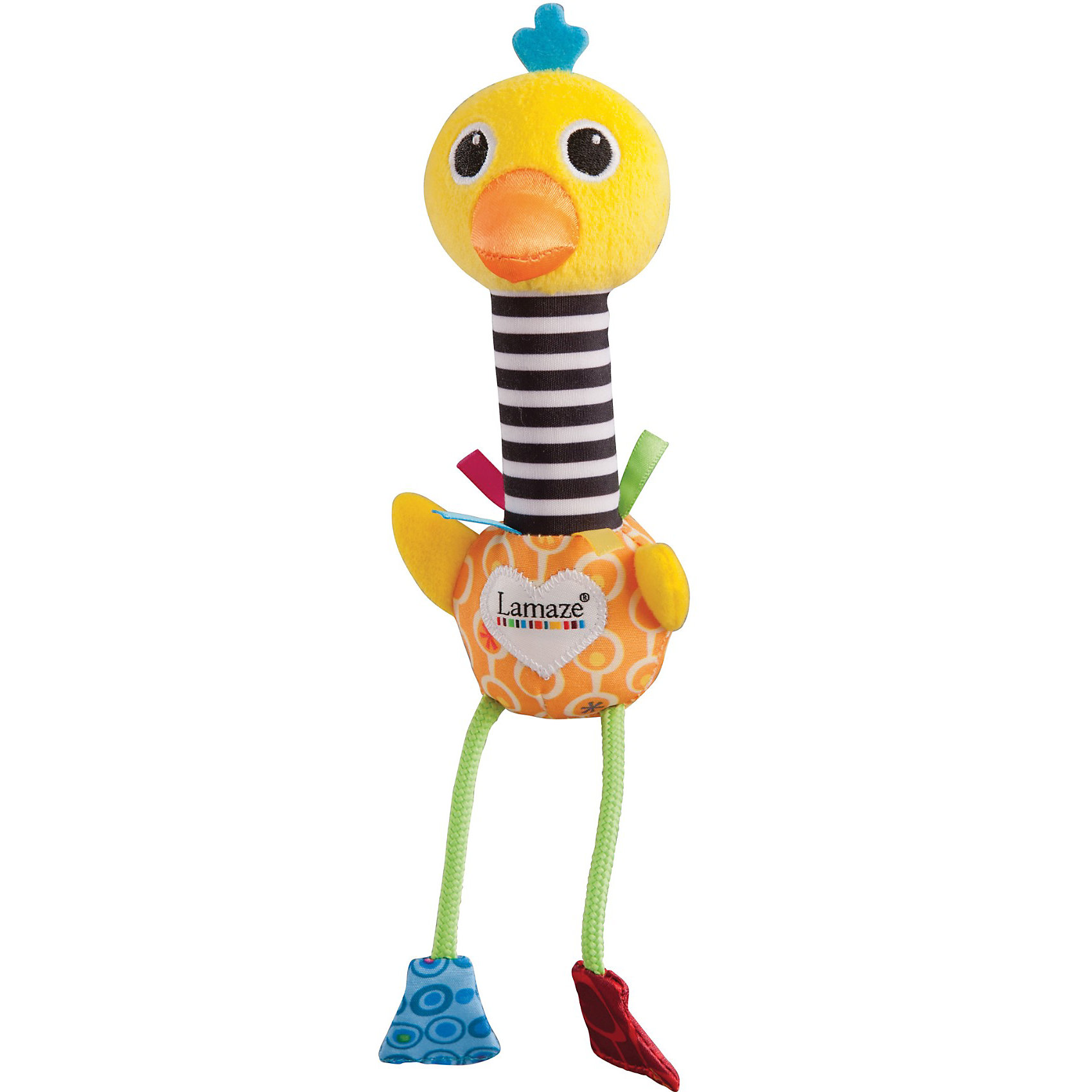 Игрушка Веселый Страус, Lamaze Игрушка Веселый Страус, LamazeЯркая игрушка для самых маленьких обязательно полюбится крохе. Страус выполнен из разноцветных материалов различной фактуры, что позволяет развивать мелкую моторику, сенсорное и цветовое восприятие. Как только малыш потрясет страуса, он начнет весело чирикать. Игрушка выполнена из высококачественных гипоаллергенных материалов, плотно набита, приятная на ощупь и абсолютно безопасна для детей.<br><br>Дополнительная информация: <br><br>- Материал: текстиль.<br>- Размер: 11x 13 x 9 см.<br>- Цвет: разноцветный.<br>- Звуковые эффекты: пищалка.<br><br>Игрушку Веселый Страус, Lamaze можно купить в нашем магазине.<br><br>Ширина мм: 206<br>Глубина мм: 129<br>Высота мм: 63<br>Вес г: 44<br>Возраст от месяцев: 0<br>Возраст до месяцев: 18<br>Пол: Унисекс<br>Возраст: Детский<br>SKU: 3128228