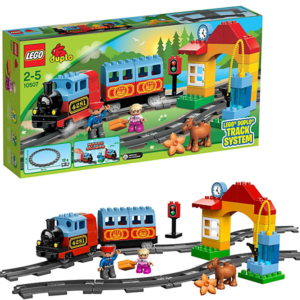 LEGO DUPLO 10507: Мой первый поезд LEGO DUPLO 10507: Мой первый поездИдеи подарков<br>Характеристики:<br><br>• Предназначение: набор для конструирования, сюжетно-ролевые игры<br>• Пол: универсальный<br>• Материал: пластик<br>• Цвет: голубой, красный, желтый, серый, зеленый<br>• Серия LEGO: DUPLO<br>• Размер упаковки (Д*Ш*В): 9,1*28,2*54 см<br>• Вес: 1 кг 240 г<br>• Количество деталей: 52 шт.<br>• Комплектация: детали для паровозика с одним вагончиком, арка с окошком кассы для продажи билетов, часы, светофор, заправочный блок, рельсы, мини-фигурки машиниста и пассажира, лошади<br>• Поезд оснащен звуковыми эффектами<br>• Рельсы протяженностью 55 см<br>• Батарейки: 3 шт. типа АА (в комплект не входят)<br><br><br>LEGO DUPLO 10507: Мой первый поезд набор от всемирно известного производителя конструкторов для детей всех возрастных категорий. LEGO DUPLO 10507: Мой первый поезд является базовым набором железнодорожной тематики. Элементы конструктора позволяют собрать железнодорожную станцию со всеми атрибутами: вокзал, касса, светофор, паровозик с вагончиком. Паровозик оснащен звуковыми эффектами. В наборе имеются фигурки машиниста поезда и пассажира. В комплекте предусмотрена яркая инструкция, которая научит вашего ребенка действовать по образцу. Все детали конструктора крупные, не имеют острых углов и мелких деталей, поэтому производитель рекомендует набор для детей от 1,5 лет.<br>Игры с конструкторами LEGO развивают усидчивость, внимательность, мелкую моторику рук, способствуют формированию инженерного мышления. С набором LEGO DUPLO 10507: Мой первый поезд ваш ребенок сможет придумывать целые приключенческие истории, развивая тем самым воображение и обогащая свой словарный запас. <br><br>LEGO DUPLO 10507: Мой первый поезд можно купить в нашем интернет-магазине.<br><br>Ширина мм: 542<br>Глубина мм: 278<br>Высота мм: 94<br>Вес г: 1241<br>Возраст от месяцев: 24<br>Возраст до месяцев: 60<br>Пол: Мужской<br>Возраст: Детский<br>SKU: 3145436
