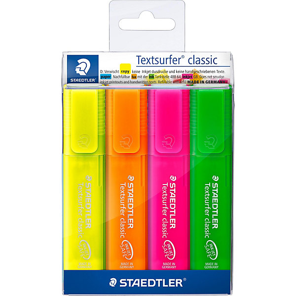Staedtler Маркеры Classic NEON 4 цв. Staedtler Маркеры Classic NEON 4 цв.Письменные принадлежности<br>Выделитель текста для любого типа бумаги, бумаги для факса и компьютерных распечаток, в т.ч. отпечатанных на лазерных и струйных принтерах последнего поколения;<br>Сохраняет и не размазывает текст, написанный шариковой или капиллярной ручкой, карандашом или отпечатанный на принтере;<br>Быстросохнущие пигментные чернила;<br>Сверхмягкое и сверхдолгое (ресурс - более 330 метров) письмо!<br>Маркеры могут дозаправляться без контакта и вытекания чернил;<br>Цвет чернил соответствует цвету корпуса;<br>Колпачок с клипом и функцией легкого открывания;<br>Модели (арт. 364-603 и 364-3503) в том числе предназначены для выделения текста с последующим копированием. Сохранение выделения после копирования без потери текста;<br>Функция автоматического выравнивания давления, предотвращение от утечки чернил в полете; <br>Яркие и насыщенные цвета;<br>Толщина линии: 1-5мм.<br><br>Ширина мм: 127<br>Глубина мм: 104<br>Высота мм: 18<br>Вес г: 98<br>Возраст от месяцев: 72<br>Возраст до месяцев: 1188<br>Пол: Унисекс<br>Возраст: Детский<br>SKU: 3150962