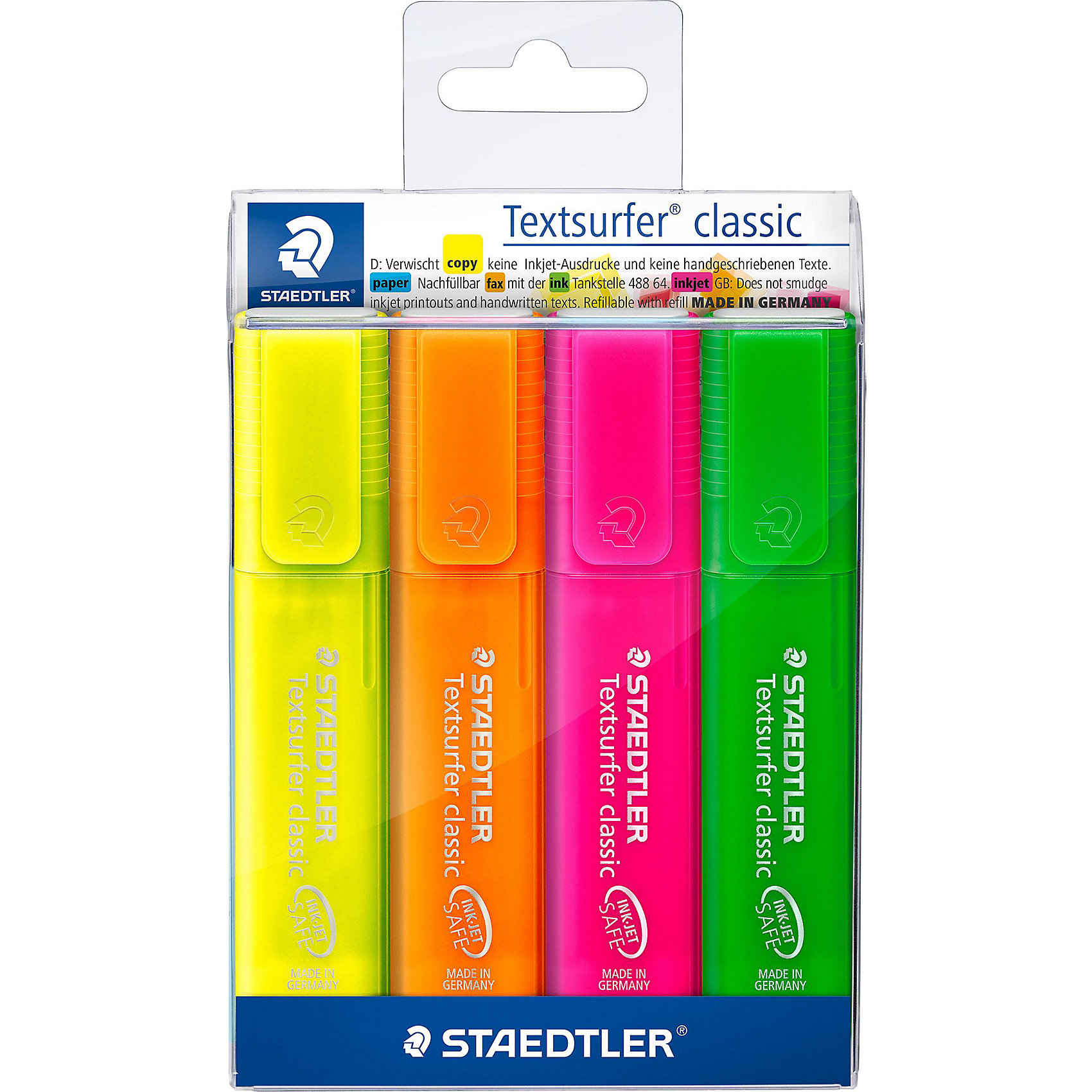 Staedtler Маркеры Classic NEON 4 цв. Staedtler Маркеры Classic NEON 4 цв.Письменные принадлежности<br>Выделитель текста для любого типа бумаги, бумаги для факса и компьютерных распечаток, в т.ч. отпечатанных на лазерных и струйных принтерах последнего поколения;<br>Сохраняет и не размазывает текст, написанный шариковой или капиллярной ручкой, карандашом или отпечатанный на принтере;<br>Быстросохнущие пигментные чернила;<br>Сверхмягкое и сверхдолгое (ресурс - более 330 метров) письмо!<br>Маркеры могут дозаправляться без контакта и вытекания чернил;<br>Цвет чернил соответствует цвету корпуса;<br>Колпачок с клипом и функцией легкого открывания;<br>Модели (арт. 364-603 и 364-3503) в том числе предназначены для выделения текста с последующим копированием. Сохранение выделения после копирования без потери текста;<br>Функция автоматического выравнивания давления, предотвращение от утечки чернил в полете; <br>Яркие и насыщенные цвета;<br>Толщина линии: 1-5мм.<br><br>Ширина мм: 127<br>Глубина мм: 104<br>Высота мм: 18<br>Вес г: 98<br>Возраст от месяцев: 72<br>Возраст до месяцев: 1188<br>Пол: Унисекс<br>Возраст: Детский<br>SKU: 3150962