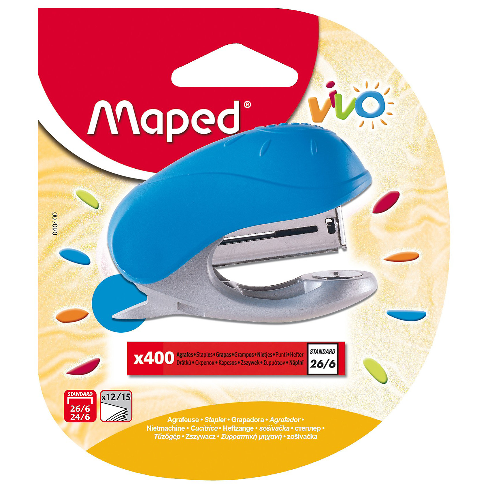 Maped Набор Степлер + скобы 400 шт. Maped Набор Степлер + скобы 400 шт.Школьные аксессуары<br>MAPED Vivo Набор: Степлер пластиковый детский, на 15 листов, скобы 24/6 и 26/6, с встроенным антистеплером, 400 скоб.<br><br>Ширина мм: 120<br>Глубина мм: 102<br>Высота мм: 27<br>Вес г: 55<br>Возраст от месяцев: 96<br>Возраст до месяцев: 216<br>Пол: Унисекс<br>Возраст: Детский<br>SKU: 3157378