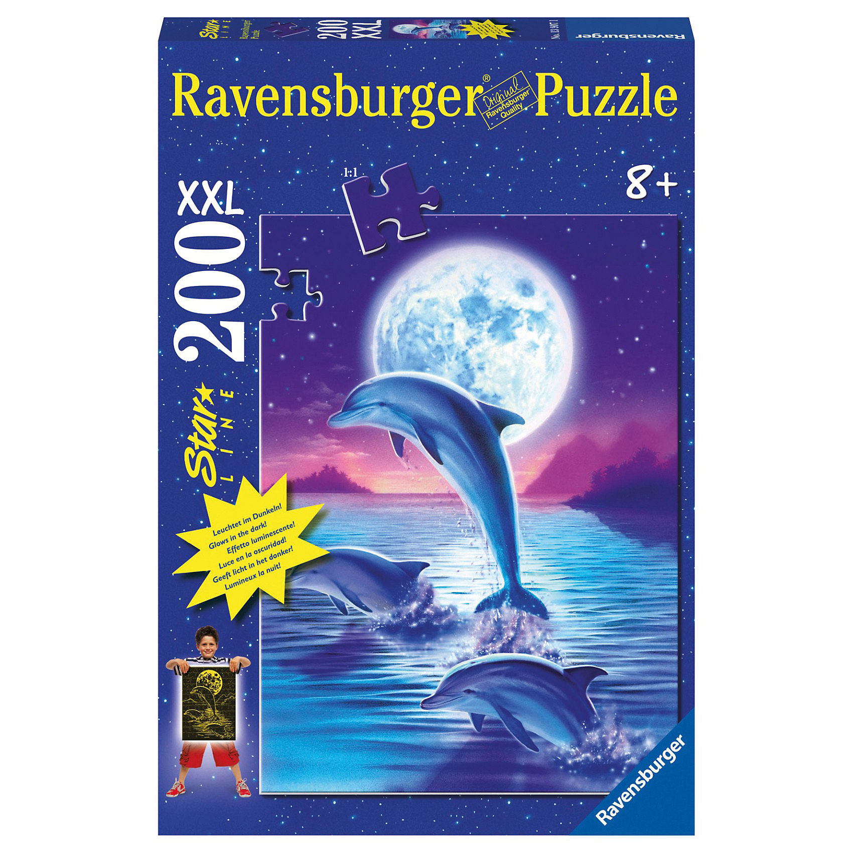 Пазл светящийся «Дельфины» XXL 200 деталей, Ravensburger Пазл светящийся «Дельфины» XXL 200 деталей, RavensburgerСобрав Пазл светящийся «Дельфины» XXL 200 деталей, Ravensburger (Равенсбургер), Вы получите замечательный постер с изображением выпрыгивающих из воды трех дельфинов на фоне огромной луны. Такой необычный пазл захочется собрать как можно быстрее, ведь он светится в темноте! Яркий и четкий рисунок покрыт специальным безопасным флуоресцентным составом, благодаря которому собранная картина наполнит комнату волшебным свечением.<br><br>Характеристики:<br>-Элементы идеально соединяются друг с другом, не отслаиваются с течением времени<br>-Высочайшее качество картона и полиграфии <br>-Матовая поверхность исключает отблески<br>-Развивает: память, мышление, усидчивость, мелкая моторика, наблюдательность, воображение, общий уровень интеллекта, цветовосприятие<br>-Каждая деталь отличается по форме, что упростит сборку <br>-Занимательное времяпрепровождение для всей семьи<br>-Для сохранения в собранном виде можно использовать скотч или специальный клей для пазлов (в комплект не входит)<br><br>Дополнительная информация:<br>-Материалы: картон<br>-Вес в упаковке: 500 г<br>-Размеры в упаковке: 33х23х3,5 см<br>-Размер картинки: 36х49 см<br>-Количество элементов: 200 шт.<br><br>Пазл светящийся «Дельфины» в лунном свете станет отличным подарком и ребенку, и взрослому!<br><br>Пазл светящийся «Дельфины» XXL 200 деталей, Ravensburger (Равенсбургер) можно купить в нашем магазине.<br><br>Ширина мм: 339<br>Глубина мм: 233<br>Высота мм: 39<br>Вес г: 528<br>Возраст от месяцев: 96<br>Возраст до месяцев: 156<br>Пол: Женский<br>Возраст: Детский<br>Количество деталей: 200<br>SKU: 3176785