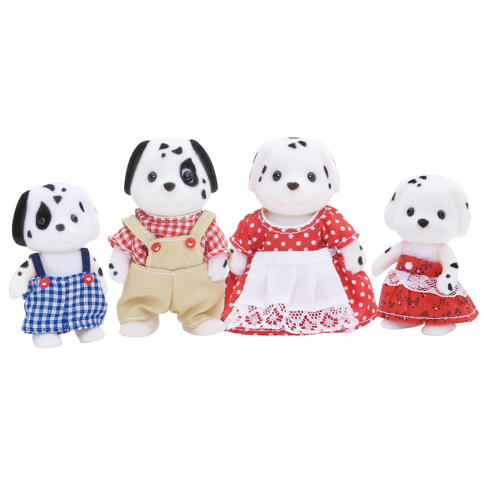 Набор Семья Далматинов Sylvanian Families Набор Семья Далматинов Sylvanian FamiliesSylvanian Families<br>Набор Семья Далматинов Sylvanian Families (Сильвания Фэмили).<br><br>В комплекте 4 собачки в ярких нарядах. Папа-далматинец в бежевом комбинезоне; мама-далматинка в длинном красном платье с белым фартуком; дочка-далматинка в розовым ажурном сарафанчике; сын-далматинец в синих клетчатых шортах на подтяжках.<br><br>Одежда крепится с помощью липучек, так что она легко снимается, если ваш малыш захочет их искупать, а одежду постирать.<br><br>Голова, руки и ноги собачек двигаются.<br><br>Ширина мм: 208<br>Глубина мм: 172<br>Высота мм: 61<br>Вес г: 144<br>Возраст от месяцев: 36<br>Возраст до месяцев: 144<br>Пол: Женский<br>Возраст: Детский<br>SKU: 3181208