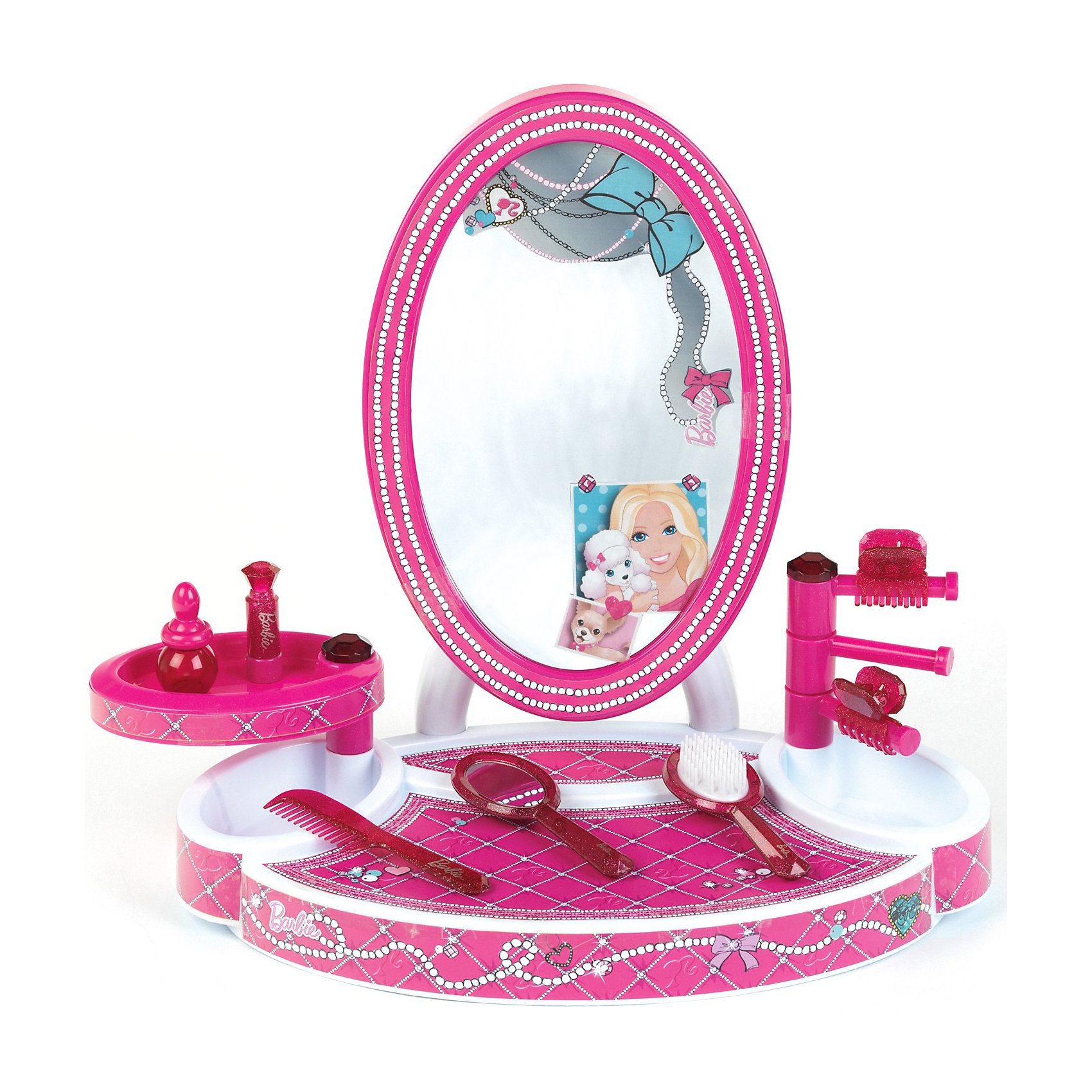 Студия красоты Barbie с аксессуарами, Klein Студия красоты Barbie с аксессуарами, KleinСюжетно-ролевые игры<br>Студия красоты Barbie от Кляйн (Klein) - отличная студия для маленьких модниц. Игровой набор выполнен в виде большого зеркала с платформой, которую можно использовать как туалетный столик, и стойками. В наборе есть все необходимое чтобы экспериментировать в создании модных образов себе и своим любимым куклам: расческа, щетка для волос, флакончик, заколки для волос. Все предметы имеют стильный дизайн и выполнены в приятных ярко-розовых тонах. Столик и рамка зеркала украшены изображением красивого узора из жемчужных нитей. <br><br>Дополнительная информация:<br><br>- В наборе: большое зеркало со стойками и платформой, щетка, расческа, зеркальце, флакончик, заколки.<br>- Материал: пластик.<br>- Высота столика с зеркалом: 42 см.<br>- Размер упаковки: 52 х 40 х 11 см.<br>- Вес: 1,4 кг.<br><br>Студию красоты Barbie (Барби), Klein, можно купить в нашем интернет-магазине.<br><br>Ширина мм: 530<br>Глубина мм: 400<br>Высота мм: 122<br>Вес г: 1412<br>Возраст от месяцев: 36<br>Возраст до месяцев: 1164<br>Пол: Женский<br>Возраст: Детский<br>SKU: 3191302