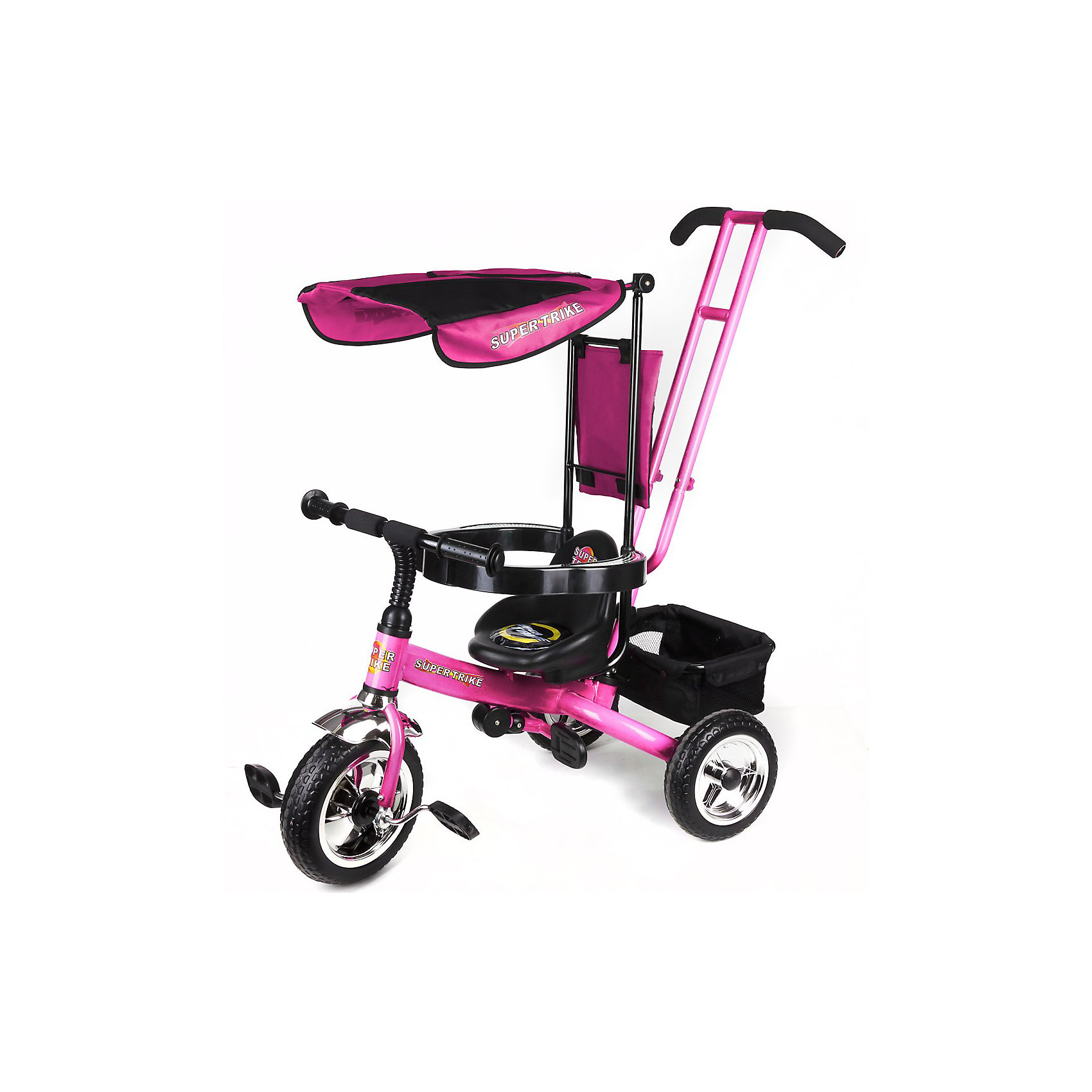 Super Trike Детский трехколесный велосипед, розовый Super Trike Детский трехколесный велосипед, розовыйДетский трехколесный велосипед Super Trike для веселого и удобного катания от изготовителя Lexus Trike.<br><br>Велосипед оснащен удобными педалями, широкими устойчивыми колесами, складной подножкой и багажником, в который можно сложить игрушки. <br><br>Дополнительная информация:<br><br>- надёжная стальная рама, усиленная дополнительными ребрами жёсткости<br>- широкие пластиковые колёса с шинами ПВХ<br>- удобное сиденье с высокой и мягкой тканевой накладной<br>- съёмная дуга безопасности<br>- родительская ручка управления с регулируемой металлической тягой, позволяющей менять угол поворота переднего колеса<br>- складная подножка<br>- задняя корзина из плотной ткани на металлическом каркасе<br>- практичная сумка с креплением на ручке управления<br>- тент от солнца и дождя из ткани со специальной пропиткой<br>- все элементы из ткани легко снимаются для стирки<br>- цвет - розовый<br><br>Ширина мм: 960<br>Глубина мм: 1050<br>Высота мм: 520<br>Вес г: 8700<br>Возраст от месяцев: 18<br>Возраст до месяцев: 60<br>Пол: Унисекс<br>Возраст: Детский<br>SKU: 3208915