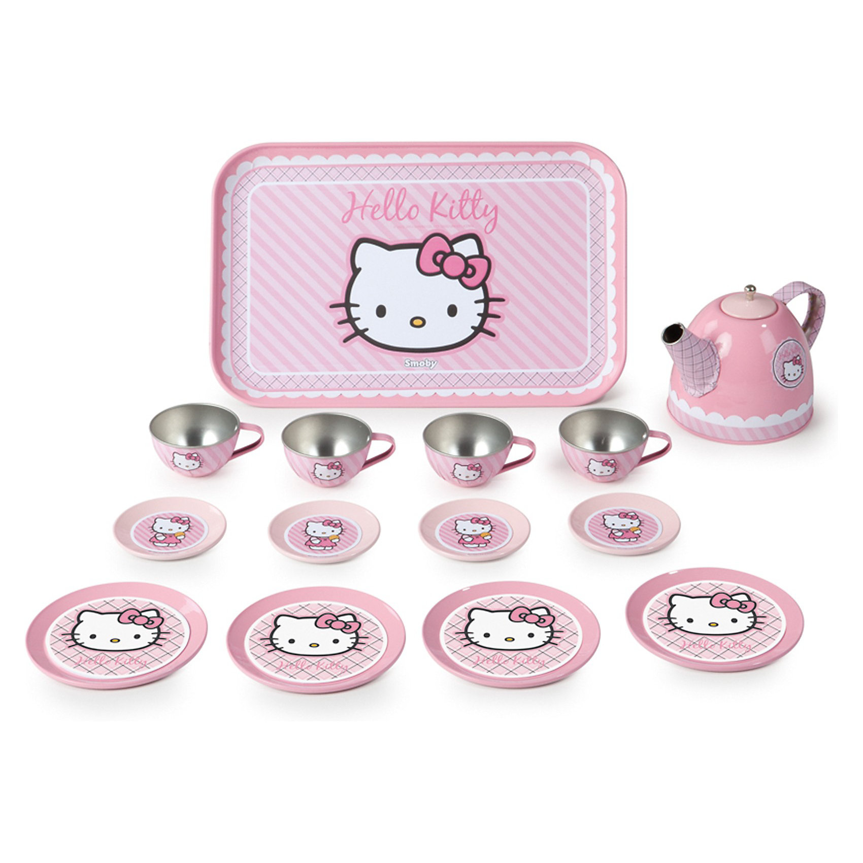 Набор посудки 14 предметов, металлический, Smoby, Hello Kitty Набор посудки 14 предметов, металлический, Smoby, Hello KittyПосуда и аксессуары для детской кухни<br>Характеристики:<br><br>• количество предметов: 14 шт.;<br>• аксессуары: 4 тарелки, 9 см, 4 блюдца, 4 см, 4 чашки, 5 см, поднос 24х16 см, чайник;<br>• материал: металл;<br>• размер упаковки: 30,5х20х9 см;<br>• вес: 500 г.<br><br>Металлическая посудка Smoby оформлена в стиле кошечки Hello Kitty. Полный комплект посуды для праздничного чаепития на 4 персоны. Девочка угостит чаем кукол и зверушек. <br><br>Набор посудки 14 предметов, металлический, Smoby, Hello Kitty можно купить в нашем магазине.<br><br>Ширина мм: 311<br>Глубина мм: 200<br>Высота мм: 97<br>Вес г: 489<br>Возраст от месяцев: 36<br>Возраст до месяцев: 96<br>Пол: Женский<br>Возраст: Детский<br>SKU: 3231514