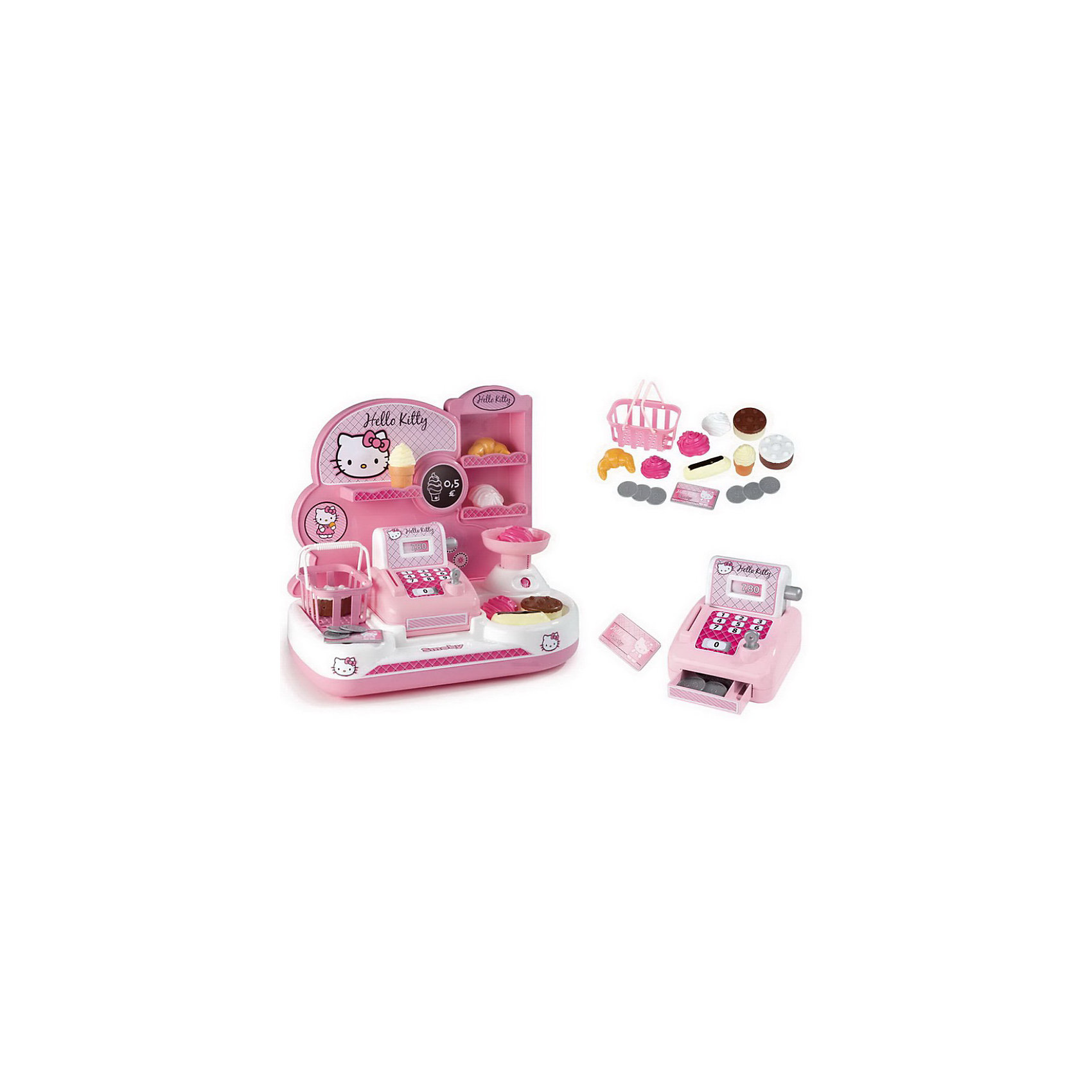 Hello Kitty Мини-магазин 39*36,5*22 см. Hello Kitty Мини-магазин 39*36,5*22 см.Детские магазины и аксесссуары<br>В мини-кондитерском магазине есть все, что нужно для организации торговли сладостями.<br>В наборе:<br>- Кассовый аппарат механический с калькулятором, весы, деньги и кредитные карточки, корзина, полочки, два тортика, несколько пирожных, мороженое в стаканчике, круассан, фрукты, полочки для продаваемых товаров, перегородка с изображением кошки.<br><br>Материал: высококачественный упрочненный пластик - экологически чистый материал. <br>Размер: 39*36,5*22 см.<br><br>Ширина мм: 400<br>Глубина мм: 150<br>Высота мм: 390<br>Вес г: 1340<br>Возраст от месяцев: 36<br>Возраст до месяцев: 96<br>Пол: Женский<br>Возраст: Детский<br>SKU: 3246471