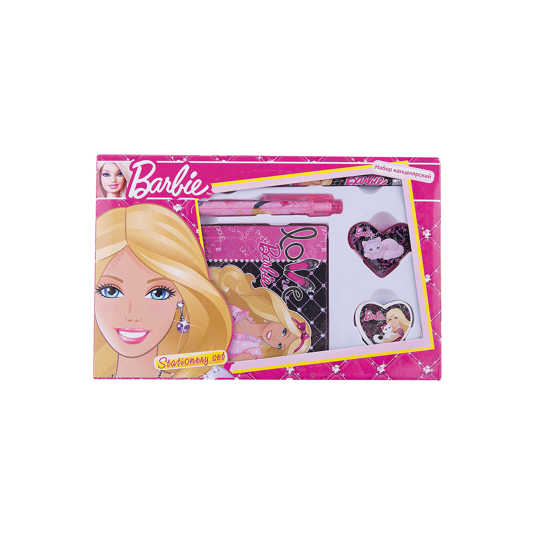 Barbie Набор канцелярский: записная книжка, ручка, карандаш, в подарочной коробке Barbie Набор канцелярский: записная книжка, ручка, карандаш, в подарочной коробкеНабор канцелярский в подарочной коробке с вырубкой с изображением Barbie (Барби) станет прекрасным помощником Вашей девочки в школе!<br><br>Дополнительная информация:<br>твердый переплет, <br>ручка автоматическая, <br>карандаш чернографитный с ластиком.<br><br>Станет прекрасным подарком любой моднице!<br><br>Ширина мм: 210<br>Глубина мм: 130<br>Высота мм: 30<br>Вес г: 182<br>Возраст от месяцев: 96<br>Возраст до месяцев: 168<br>Пол: Женский<br>Возраст: Детский<br>SKU: 3291569