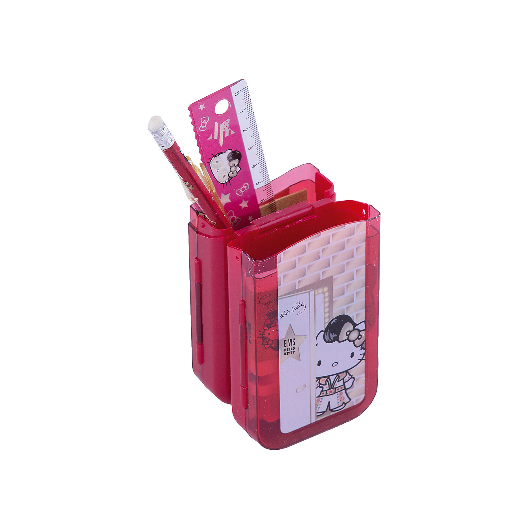 Hello Kitty Набор канцелярский: карандаш, пенал, линейка, ручка Hello Kitty Набор канцелярский: карандаш, пенал, линейка, ручкаHello Kitty<br>Набор канцелярский с изображением Hello Kitty станет прекрасным помощником Вашей девочки в школе!<br><br>Дополнительная информация: <br><br>В наборе: карандаш чернографитный с ластиком, <br>пенал пластиковый складной, <br>линейка прозрачная 15 см, <br>ручка автоматическая <br>Hello Kitty Elvis<br><br>Станет прекрасным подарком юным школьницам!<br><br>Ширина мм: 70<br>Глубина мм: 205<br>Высота мм: 65<br>Вес г: 143<br>Возраст от месяцев: 96<br>Возраст до месяцев: 108<br>Пол: Женский<br>Возраст: Детский<br>SKU: 3291603