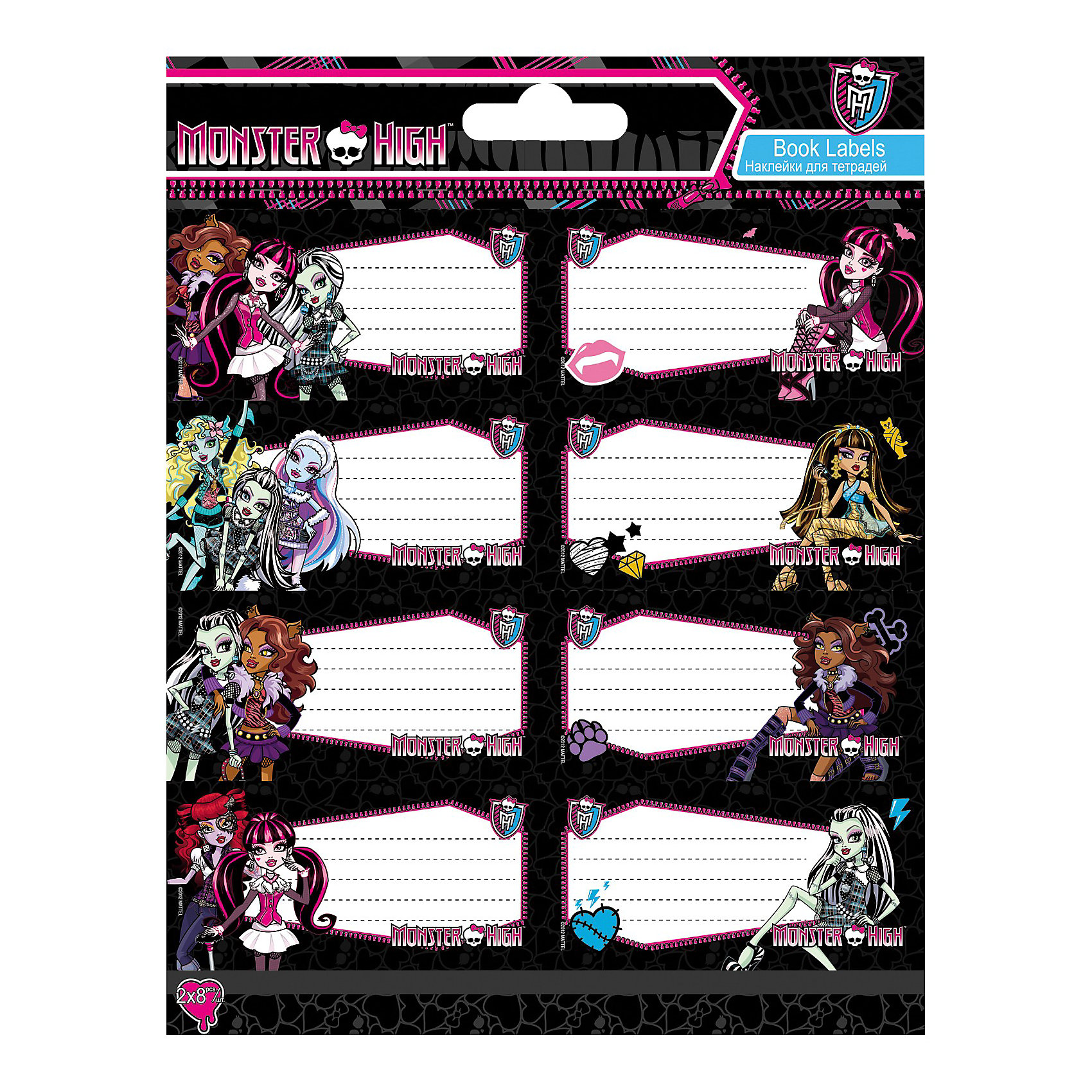 Наклейки для тетрадей, Monster High, 2x8 шт. Наклейки для тетрадей, Monster High, 2x8 шт.Monster High<br>Наклейки для тетрадей с изображением любимых героинь Monster High станут прекрасными украшениями тетрадей, ручек и других принадлежностей Вашей малышки в школе!<br><br>Дополнительная информация:<br><br>Размер: 77 x 39 мм, 2 листа по 8 шт. каждый, <br>упаковка - в ПП-пакете с европодвесом, <br>картонная вкладка - 250 г/м2, <br>Monster High<br><br>Теперь Ваша малышка не забудет свои письменные принадлежности дома!<br><br>Ширина мм: 155<br>Глубина мм: 200<br>Высота мм: 10<br>Вес г: 25<br>Возраст от месяцев: 120<br>Возраст до месяцев: 156<br>Пол: Женский<br>Возраст: Детский<br>SKU: 3291625