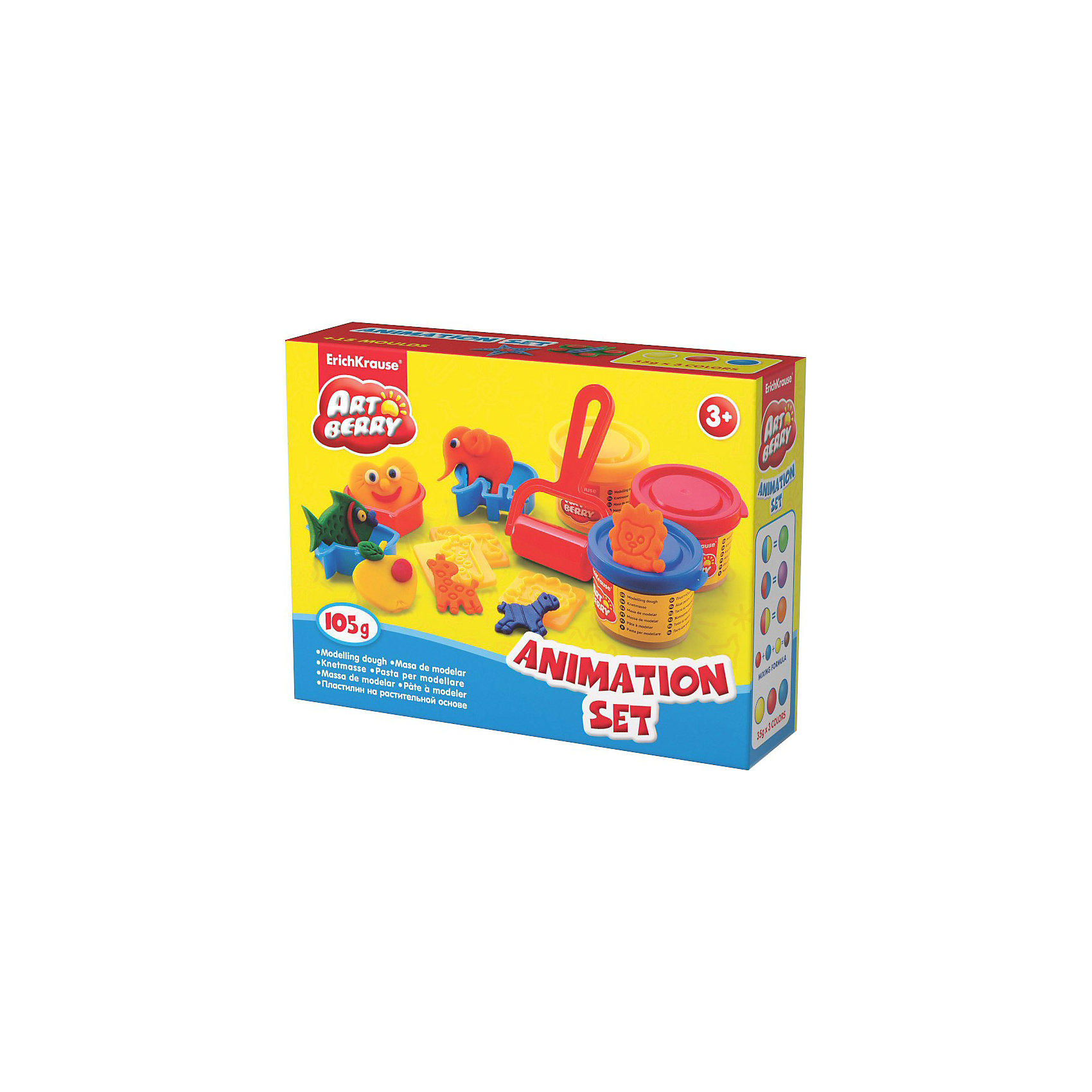 Игровой набор Animation Set, Artberry, 3 цв Игровой набор Animation Set, Artberry, 3 цвЛепка<br>Пластилин на растительной основе Animation Set, 3 цв от Erich Krause (Эрих Краузе) абсолютно безопасен для Вашего малыша!<br><br>Дополнительная информация:<br><br>Состав: 3 цвета пластилина по 35 г + 8 формочек, 5 штампов, стек, ролик для пластилина. <br>Упаковка: картонная коробка в термоплёнке<br><br>Ширина мм: 160<br>Глубина мм: 40<br>Высота мм: 115<br>Вес г: 206<br>Возраст от месяцев: 36<br>Возраст до месяцев: 144<br>Пол: Унисекс<br>Возраст: Детский<br>SKU: 3293866