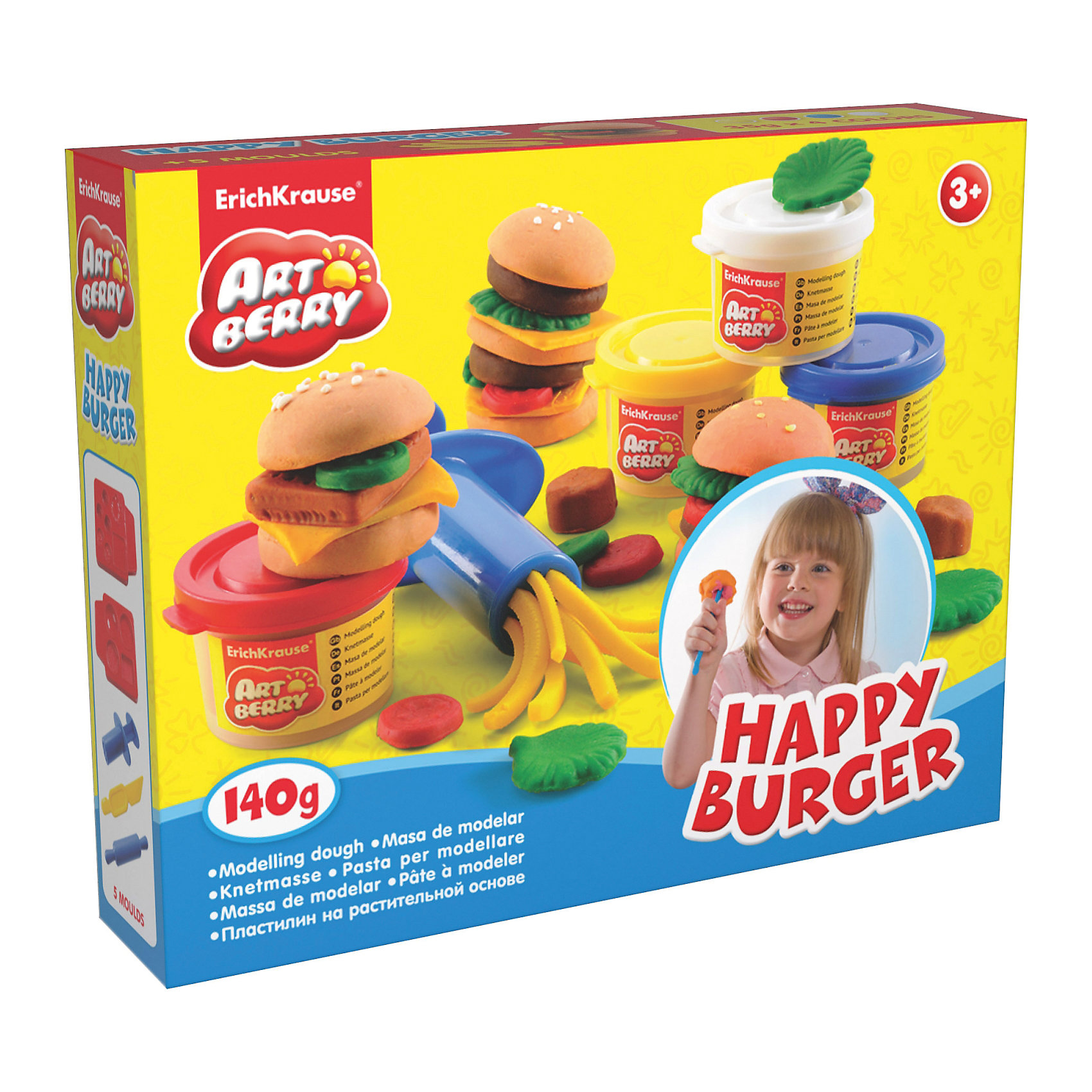 Набор для лепки: Пластилин на растительной основе Happy Burger 4 цвета по 35г Набор для лепки: Пластилин на растительной основе Happy Burger 4 цвета по 35гЛепка<br>Характеристики товара:<br><br>• материал упаковки: картонная коробка в термоплёнке<br>• в комплект входит: 4 цвета пластилина по 35 г + 2 формы- трафарета для лепки, скалка, шприц для пластилина, стек <br>• возраст: от 3 лет<br>• габариты упаковки: 25х20х5 см<br>• вес: 300 г<br>• страна производитель: Россия<br><br>Натуральная продукция – настоящая находка для детского творчества. Так, пластилин на растительной основе станет любимым материалов для творчества у вашего малыша. Мягкий, приятный для тактильного восприятия, он станет фаворитом среди пластилинов у малыша.<br><br>Набор для лепки: Пластилин на растительной основе Happy Burger 4 цвета по 35 г, можно купить в нашем интернет-магазине.<br><br>Ширина мм: 253<br>Глубина мм: 200<br>Высота мм: 52<br>Вес г: 430<br>Возраст от месяцев: 36<br>Возраст до месяцев: 2147483647<br>Пол: Унисекс<br>Возраст: Детский<br>SKU: 3293870