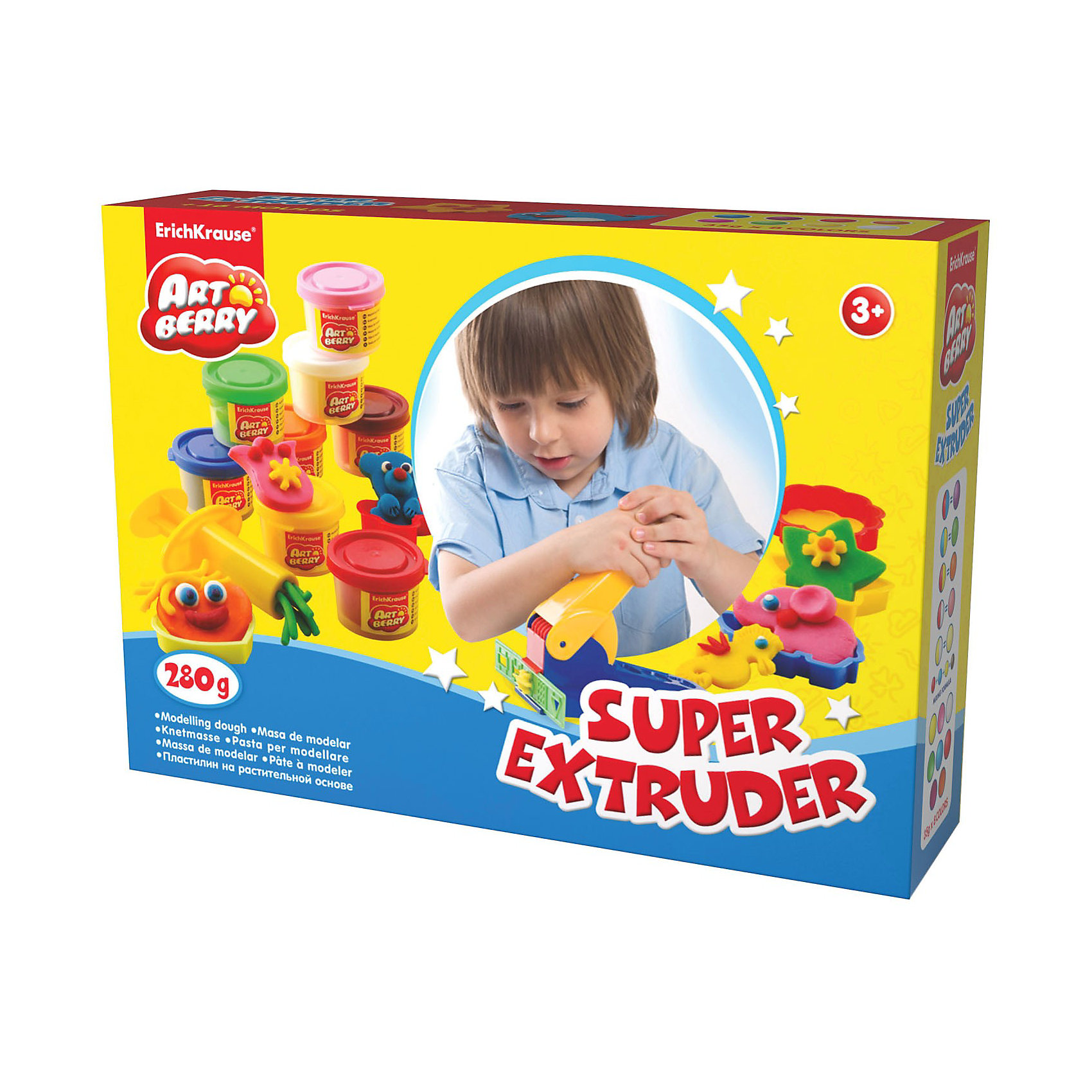 Игровой набор Super Extruder Playset, Artberry, 8 цв Игровой набор Super Extruder Playset, Artberry, 8 цвЛепка<br>Пластилин на растительной основе Super Extruder Playset, 8 цв от Erich Krause (Эрих Краузе) абсолютно безопасен для Вашего малыша!<br><br>Дополнительная информация:<br><br>Состав: 8 цветов пластилина по 35 г + 8 формочек для лепки, скалка, стек, 2 шприца, 2 декоративные линейки, пресс и ролик для пластилина. <br>Упаковка: картонная коробка в термоплёнке<br><br>Ширина мм: 315<br>Глубина мм: 80<br>Высота мм: 210<br>Вес г: 838<br>Возраст от месяцев: 36<br>Возраст до месяцев: 144<br>Пол: Унисекс<br>Возраст: Детский<br>SKU: 3293878