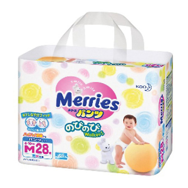 Трусики-подгузники для детей Merries, M 6-10 кг, 28 шт. Трусики-подгузники для детей Merries, M 6-10 кг, 28 шт.Трусики-подгузники<br>Подгузники-трусики Merries предназначены для малышей, которые начали ползать, а тем более ходить.<br><br>В дополнение к эффекту «дышащей» поверхности трусиков испарения уходят вверх через «воздушные каналы» на поясе. <br><br>Дополнительная информация:<br><br>• практически по всей поверхности подгузников-трусиков расположена удивительно мягкая пунктирная резинка, не дающая трусикам сползти даже при активном движении малыша <br>• впитывающая вкладка с поднимающимися барьерами даёт ребёнку ощущение комфорта и не позволяет трусикам протекать <br>• две центральные полоски индикатора, окрашиваясь в синий цвет, показывают, что трусики пора сменить<br>• приятный дизайн поверхности (6 видов рисунка. В одной упаковке два вида рисунка.)<br><br>Размер: M, для малышей от 6 до 10 кг.<br>В упаковке: 28 шт.<br><br>Мягкие дышащие трусики-подгузники Merries позаботятся о Вашем малыше!<br><br>Ширина мм: 323<br>Глубина мм: 498<br>Высота мм: 411<br>Вес г: 1012<br>Возраст от месяцев: 0<br>Возраст до месяцев: 12<br>Пол: Унисекс<br>Возраст: Детский<br>SKU: 3295622