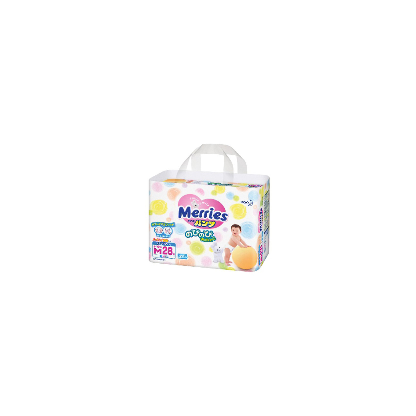 Трусики-подгузники для детей Merries, M 6-10 кг, 28 шт. Трусики-подгузники для детей Merries, M 6-10 кг, 28 шт.Трусики-подгузники<br>Подгузники-трусики Merries предназначены для малышей, которые начали ползать, а тем более ходить.<br><br>В дополнение к эффекту «дышащей» поверхности трусиков испарения уходят вверх через «воздушные каналы» на поясе. <br><br>Дополнительная информация:<br><br>• практически по всей поверхности подгузников-трусиков расположена удивительно мягкая пунктирная резинка, не дающая трусикам сползти даже при активном движении малыша <br>• впитывающая вкладка с поднимающимися барьерами даёт ребёнку ощущение комфорта и не позволяет трусикам протекать <br>• две центральные полоски индикатора, окрашиваясь в синий цвет, показывают, что трусики пора сменить<br>• приятный дизайн поверхности (6 видов рисунка. В одной упаковке два вида рисунка.)<br><br>Размер: M, для малышей от 6 до 10 кг.<br>В упаковке: 28 шт.<br><br>Мягкие дышащие трусики-подгузники Merries позаботятся о Вашем малыше!<br><br>Ширина мм: 323<br>Глубина мм: 498<br>Высота мм: 411<br>Вес г: 1012<br>Возраст от месяцев: 0<br>Возраст до месяцев: 12<br>Пол: Унисекс<br>Возраст: Детский<br>SKU: 3295622