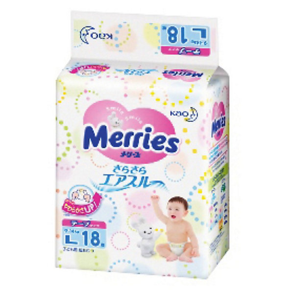 Подгузники для детей Merries, L 9-14 кг, 18 шт. Подгузники для детей Merries, L 9-14 кг, 18 шт.Подгузники классические<br>Подгузники Merries отличаются превосходной впитываемостью, мягкостью и отменной воздухопроницаемостью.<br><br>Весь подгузник покрыт мельчайшими порами, позволяющими мокрому пару выходить наружу, а благодаря внутреннему пористому слою, пропускающему в 3 раза больше воздуха, подгузник не прилипает к нежной коже ребёнка и хорошо удерживает жидкий стул, защищая кожу от раздражений. <br><br>Дополнительная информация:<br><br>• Многоразовые цветные липучки застёгиваются лёгким нажатием <br>• Мягкие резинки вдоль пояса легко растягиваются. Благодаря воздухопроницаемому материалу Вашему малышу сухо и приятно.<br>• Зона между ножек меняет форму в соответсвии с движениями малыша и мягко прилегает. Когда малыш ползает, подгузник не мешает движениям ножек.<br>• Три центральные полоски индикатора, окрашиваясь в синий цвет, показывают, что пора сменить подгузник (В условиях высокой влажности цвет индикатора может измениться еще до использования, однако это не влияет на надежность подгузника и его функции.)<br>• Симпатичный печатный рисунок украшает поверхность подгузника (4 вида рисунка. В одной упаковке один вид рисунка.)<br>• Подгузники Merries тонкие, но могут впитывать большой объем жидкости (удобно брать с собой в дорогу).<br><br>Размер: L, для малышей от 9 до 14 кг.<br>В упаковке: 18 шт.<br><br>Подгузники на липучках Merries были выбраны в Японии подгузниками №1!<br><br>Мягкие дышащие подгузники Merries позаботятся о Вашем малыше!<br><br>Ширина мм: 270<br>Глубина мм: 460<br>Высота мм: 410<br>Вес г: 688<br>Возраст от месяцев: 6<br>Возраст до месяцев: 24<br>Пол: Унисекс<br>Возраст: Детский<br>SKU: 3295627