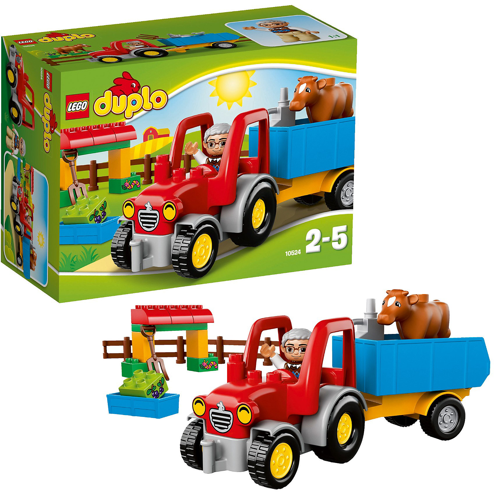 LEGO DUPLO 10524: Сельскохозяйственный трактор LEGO DUPLO 10524: Сельскохозяйственный тракторПластмассовые конструкторы<br>LEGO DUPLO (ЛЕГО Дупло) 10524: Сельскохозяйственный трактор - увлекательный набор, который позволит собрать Сельскохозяйственный трактор для самых маленьких.<br><br>В наборе есть все необходимое для интересных сюжетно-ролевых игр и увлекательных историй на ферме. С помощью мощного яркого трактора можно перевозить не только животных фермы, но и различные грузы, инструменты и свежий корм. Опускающийся и поднимающийся синий прицеп поможет легко и быстро перевозить нужные грузы.<br><br>В комплекте вы найдете фигурки фермера и теленка, коричневый забор, вилы, кормушку для животных, бак с бензином для заправки трактора, а также необходимые детали для постройки загона для животных.<br><br>ЛЕГО Дупло - серия конструкторов для малышей, которую отличает крупные яркие детали со скругленными углами и многообразие игровых сюжетов, это и животные, и растения, и машинки, и сказочные персонажи. <br><br>Дополнительная информация:<br><br>- Количество деталей: 29.<br>- В наборе: трактор, прицеп, фермер, теленок, забор, вилы, большая кормушка, бак с горючим, кубики с изображением гусеницы и ягод.<br>- Количество минифигур: 2 (фермер, теленок).<br>- Серия: ЛЕГО Дупло. <br>- Материал: пластик.<br>- Размер упаковки: 26 х 19 х 12 см.<br>- Вес: 0,635 кг. <br><br>Игра с конструктором развивает мелкую моторику, фантазию и воображение ребенка, учит его усидчивости и внимательности.<br><br>Конструктор LEGO DUPLO (ЛЕГО Дупло) 10524: Сельскохозяйственный трактор можно купить в нашем интернет-магазине.<br><br>Ширина мм: 264<br>Глубина мм: 193<br>Высота мм: 119<br>Вес г: 545<br>Возраст от месяцев: 24<br>Возраст до месяцев: 60<br>Пол: Мужской<br>Возраст: Детский<br>SKU: 3342501