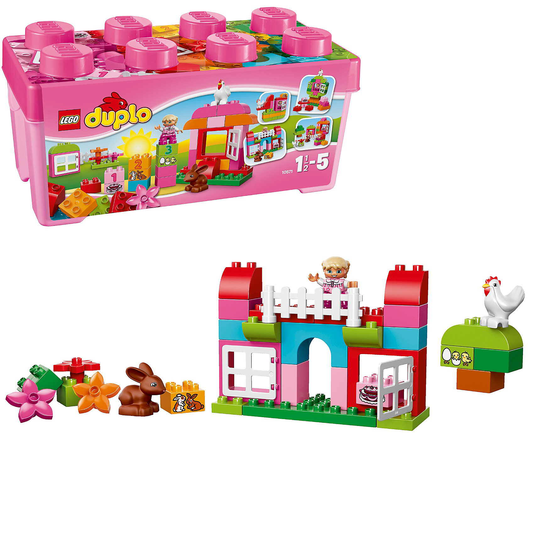 LEGO DUPLO 10571: Лучшие друзья: курочка и кролик LEGO DUPLO 10571: Лучшие друзья: курочка и кроликКонструкторы для малышей<br>LEGO DUPLO (ЛЕГО Дупло) 10571: Лучшие друзья: курочка и кролик - увлекательный игровой набор, который станет замечательным подарком для Вашего малыша. <br><br>Из деталей набора Лучшие друзья: курочка и кролик 10571 можно собрать небольшую ферму, где поселятся симпатичная девочка, курочка и кролик. Для них можно построить самые разнообразные строения. Для строительства хозяйского дома и вольеров для животных прекрасно подойдут красные и розовые прямоугольные блоки с большими открывающимися окошками. Широкий выбор зелёных элементов поможет создать несколько деревьев и лужайку перед домом. Ферму можно перестроить и трансформировать в замок, домик на дереве или корабль.<br><br>В наборе есть специальные детали: арка, окна, кубики с цифрами, которые познакомят малыша с числами. Все детали сложены в прочную розовую коробку в форме классического кубика LEGO.<br><br>ЛЕГО Дупло - серия конструкторов для малышей, которую отличает крупные яркие детали со скругленными углами и многообразие игровых сюжетов, это и животные, и растения, и машинки, и сказочные персонажи.<br><br>Дополнительная информация:<br><br>- Количество деталей: 65.<br>- В наборе: декорированные кубики, курочка, кролик, девочка, арка.<br>- Количество минифигур: 3.<br>- Серия: ЛЕГО Дупло. <br>- Материал: пластик.<br>- Размер упаковки: 18 х 18 х 37 см. <br>- Вес: 1 кг. <br><br>Игра с конструктором развивает мелкую моторику, фантазию и воображение ребенка, учит его усидчивости и внимательности. <br><br>Конструктор LEGO DUPLO (ЛЕГО Дупло) 10571: Лучшие друзья: курочка и кролик можно купить в нашем интернет-магазине.<br><br>Ширина мм: 364<br>Глубина мм: 184<br>Высота мм: 181<br>Вес г: 1041<br>Возраст от месяцев: 18<br>Возраст до месяцев: 60<br>Пол: Женский<br>Возраст: Детский<br>SKU: 3342506