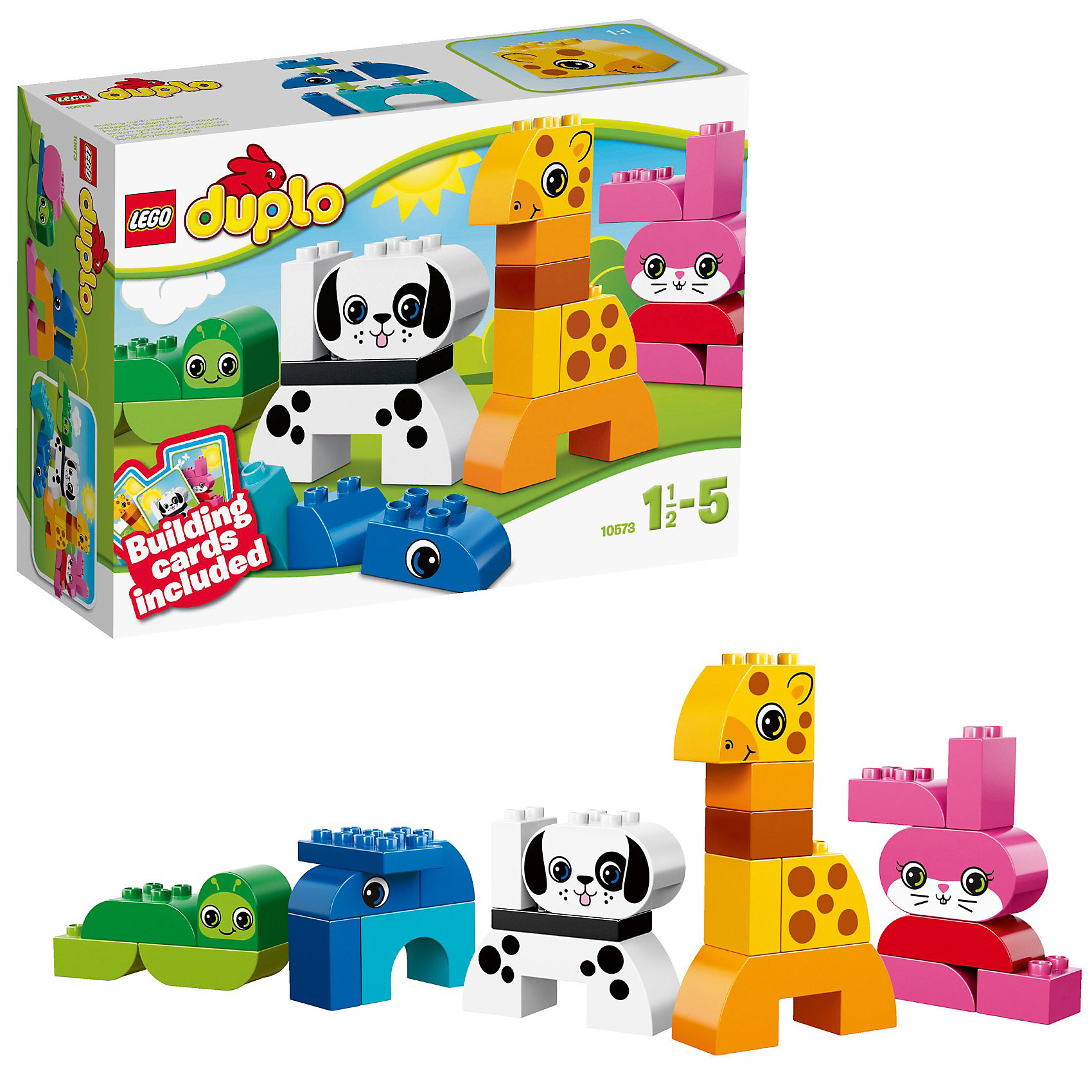 LEGO DUPLO 10573: Весёлые зверюшки LEGO DUPLO 10573: Весёлые зверюшкиLEGO DUPLO (ЛЕГО Дупло) 10573: Весёлые зверюшки - увлекательный игровой набор, который станет замечательным подарком для Вашего малыша. <br><br>Набор Lego Duplo Весёлые зверюшки познакомит малыша с миром диких животных. Карточки-подсказки, включенные в набор, помогут без труда собрать жирафа, щенка, кролика, червячка и слоненка, каждое животное имеет свой собственный яркий цвет. Можно также самому собрать собственных придуманных зверей. В набор включены классические кирпичики Duplo и кирпичики с рисунками.<br><br>ЛЕГО Дупло - серия конструкторов для малышей, которую отличает крупные яркие детали со скругленными углами и многообразие игровых сюжетов, это и животные, и растения, и машинки, и сказочные персонажи.<br><br>Дополнительная информация:<br><br>- Количество деталей: 25.<br>- В наборе: детали конструктора.<br>- Количество минифигур: 0.<br>- Серия: ЛЕГО Дупло. <br>- Материал: пластик.<br>- Размер упаковки: 19,1 x 9,1 x 26,2 см.<br>- Вес: 0,525 кг. <br><br>Игра с конструктором развивает мелкую моторику, фантазию и воображение ребенка, учит его усидчивости и внимательности. <br><br>Конструктор LEGO DUPLO (ЛЕГО Дупло) 10573: Весёлые зверюшки можно купить в нашем интернет-магазине.<br><br>Ширина мм: 263<br>Глубина мм: 189<br>Высота мм: 92<br>Вес г: 423<br>Возраст от месяцев: 18<br>Возраст до месяцев: 60<br>Пол: Унисекс<br>Возраст: Детский<br>SKU: 3342511