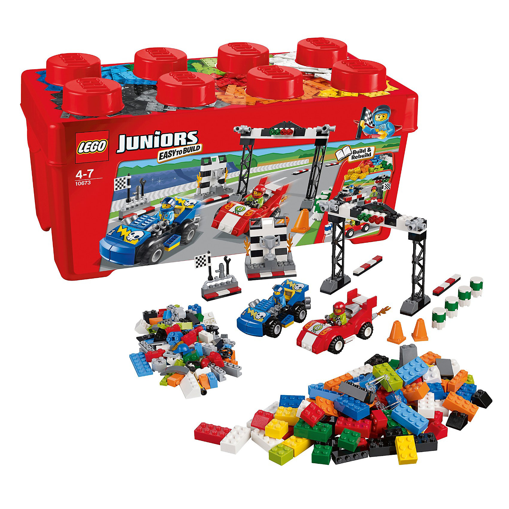 LEGO Juniors 10673: Ралли на гоночных автомобилях LEGO Juniors 10673: Ралли на гоночных автомобиляхКонструктор LEGO Juniors (ЛЕГО Джуниорс) 10673: Ралли на гоночных автомобилях - мечта мальчишек, обожающих скорость. Масштабный набор позволит создать настоящую трассу с крутыми поворотами и захватывающими виражами. В гонках участвуют два опытных пилота на суперскоростных машинах! Построй стартовую арку со светофором и динамиками, откуда спортсмены начнут гонку. Для дозаправки и ремонта есть мобильный пит-стоп с инструментами и оборудованием. А победителя будут чествовать на красивом пьедестале, где он получит заветный кубок под гром аплодисментов! Подключайте фантазию и Вам никогда не будет скучно в компании LEGO (ЛЕГО)!<br><br>Серия конструкторов LEGO Juniors (ЛЕГО Джуниорс) - специально разработаны для детей от 4 до 7 лет. Размер кубиков и деталей соответствует обычным размерам. При этом наборы очень просты в сборке. Понятные инструкции позволяют детям быстро получить результат и приступить к игре. Конструкторы этой серии прекрасно детализированы, яркие, прочные, имеют множество различных сюжетов - идеально подходят для реалистичных и познавательных игр.<br><br>Дополнительная информация:<br><br>- Игра с конструктором LEGO (ЛЕГО) развивает мелкую моторику ребенка, фантазию и воображение, учит его усидчивости и внимательности;<br>- В комплекте: 2 минифигурки гонщиков, детали набора; <br>- Количество деталей: 350 шт;<br>- Удобно хранить и брать с собой;<br>- Серия: LEGO Juniors (ЛЕГО Джуниорс);<br>- Материал: пластик;<br>- Размер упаковки: 37 х 18 х 18 см;<br>- Вес: 1,2 кг <br><br>Конструктор LEGO Juniors (ЛЕГО Джуниорс) 10673: Ралли на гоночных автомобилях можно купить в нашем интернет-магазине.<br><br>Ширина мм: 364<br>Глубина мм: 184<br>Высота мм: 180<br>Вес г: 997<br>Возраст от месяцев: 48<br>Возраст до месяцев: 84<br>Пол: Мужской<br>Возраст: Детский<br>SKU: 3342512