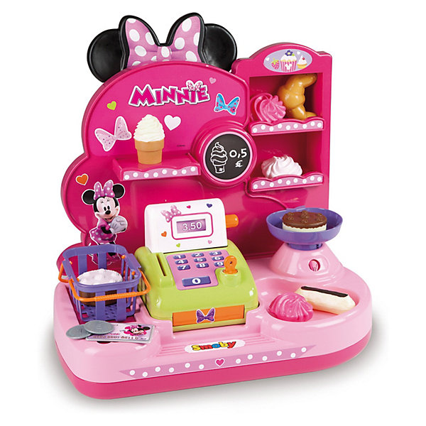Мини-магазин, Smoby, Minnie Mouse Мини-магазин, Smoby, Minnie MouseДетский супермаркет<br>Характеристики:<br><br>• аксессуары, 16 шт.;<br>• материал: пластик;<br>• размер кассы: 36,5х22х42 см;<br>• размер упаковки: 40х39х15 см.<br><br>Игрушечная касса – незаменимая вещь в магазине. Магазин сладостей Minnie Mouse предлагает своим покупателям пирожные, кексы, рогалики, булочки и зефир. Имеются специальные весы. Весь товар аккуратно разложен по полочкам, все, что понравится сладкоежкам, можно складывать в корзинку с ручками. Оплатить покупки можно игрушечными купюрами и монетами. Набор оформлен в стиле мышки Минни.<br><br>Мини-магазин, Smoby, Winx Club можно купить в нашем магазине.<br><br>Ширина мм: 360<br>Глубина мм: 220<br>Высота мм: 420<br>Вес г: 1000<br>Возраст от месяцев: 36<br>Возраст до месяцев: 72<br>Пол: Женский<br>Возраст: Детский<br>SKU: 3344669