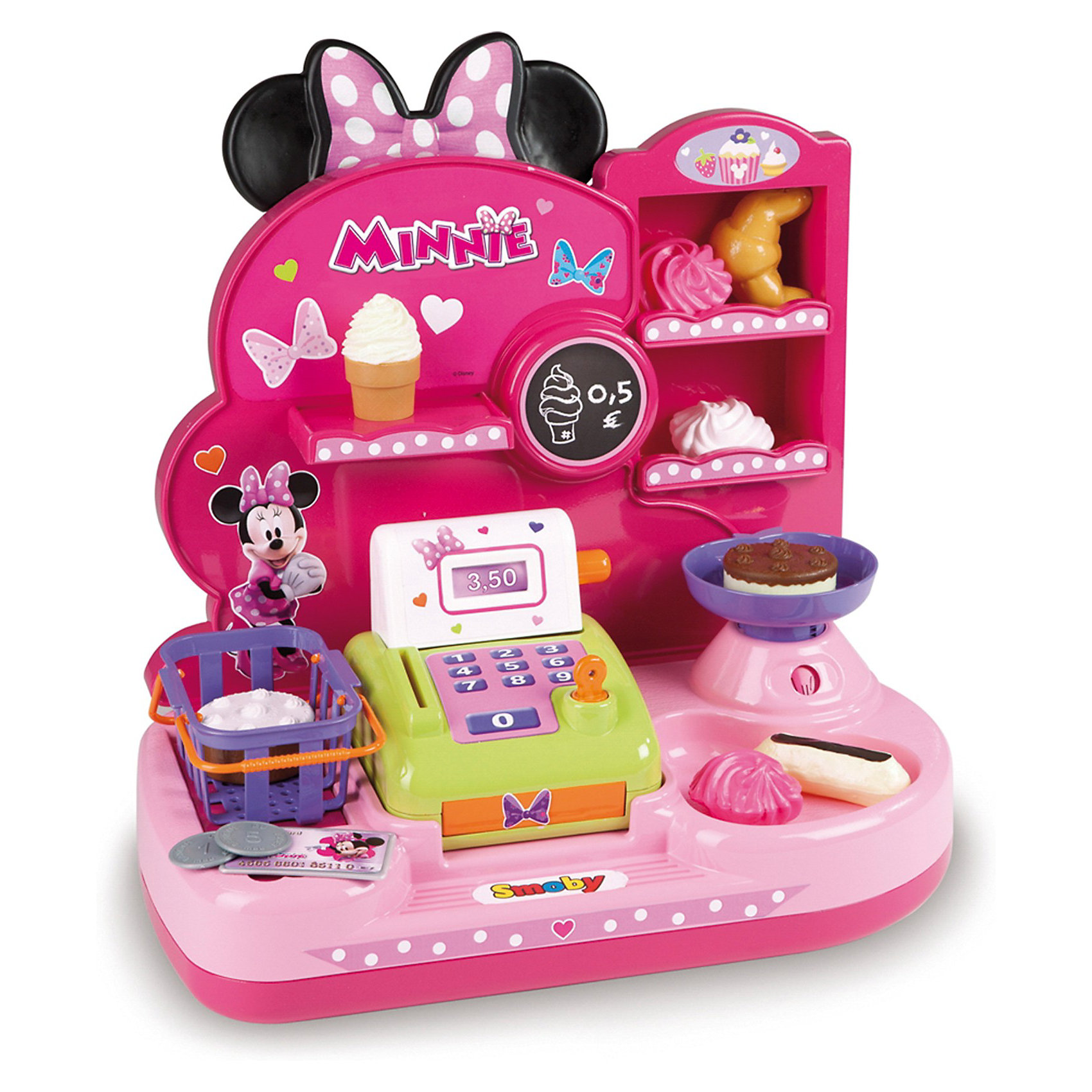 Мини-магазин, Smoby, Minnie Mouse Мини-магазин, Smoby, Minnie MouseДетские магазины и аксесссуары<br>Характеристики:<br><br>• аксессуары, 16 шт.;<br>• материал: пластик;<br>• размер кассы: 36,5х22х42 см;<br>• размер упаковки: 40х39х15 см.<br><br>Игрушечная касса – незаменимая вещь в магазине. Магазин сладостей Minnie Mouse предлагает своим покупателям пирожные, кексы, рогалики, булочки и зефир. Имеются специальные весы. Весь товар аккуратно разложен по полочкам, все, что понравится сладкоежкам, можно складывать в корзинку с ручками. Оплатить покупки можно игрушечными купюрами и монетами. Набор оформлен в стиле мышки Минни.<br><br>Мини-магазин, Smoby, Winx Club можно купить в нашем магазине.<br><br>Ширина мм: 360<br>Глубина мм: 220<br>Высота мм: 420<br>Вес г: 1000<br>Возраст от месяцев: 36<br>Возраст до месяцев: 72<br>Пол: Женский<br>Возраст: Детский<br>SKU: 3344669