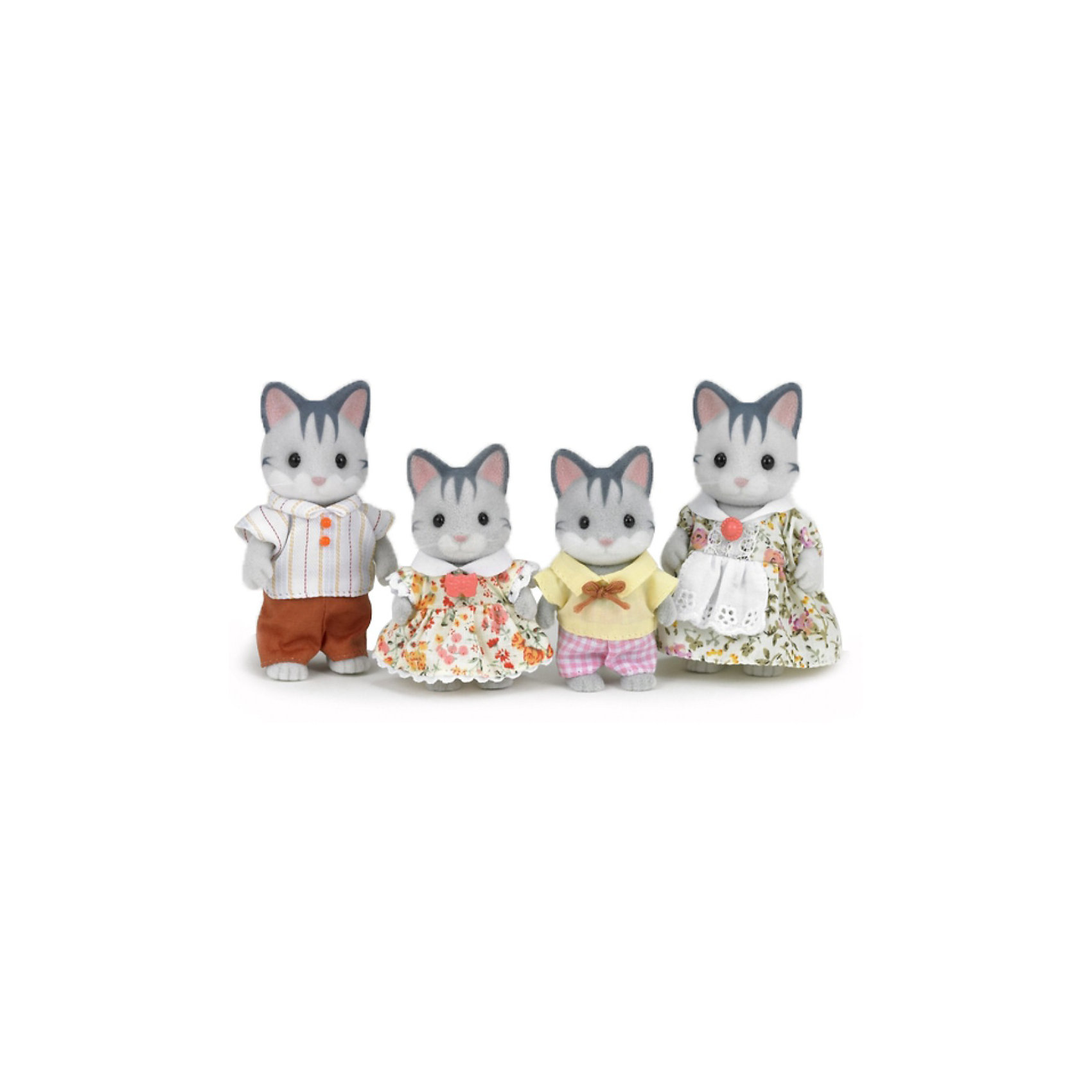 Набор Семья Серых кошек, Sylvanian Families Набор Семья Серых кошек, Sylvanian FamiliesНабор Семья Серых кошек, Sylvanian Families - игровой набор, который наверняка порадует Вашего ребенка.<br><br>Эти милые и симпатичные кошечки станут отличным дополнением дружной семейки Сильваниан. У них розовые носики, блестящие глазки, вращается голова, ручки и ножки. <br>Все члены семьи одеты в нарядную одежду, которая крепится с помощью липучек. Одежда легко снимается и может стираться.<br><br>Дополнительная информация:<br><br>- Размеры товара: 2 фигурки 6см и 2 фигурки 8см<br>- Материалы: высококачественная пластмасса, текстиль, ПВХ с полимерным напылением.<br>- Размеры коробки: 20х6х17 см<br><br> Набор Семья Серых кошек, Sylvanian Families можно купить в нашем интернет магазине.<br><br>Ширина мм: 209<br>Глубина мм: 172<br>Высота мм: 58<br>Вес г: 138<br>Возраст от месяцев: 36<br>Возраст до месяцев: 72<br>Пол: Женский<br>Возраст: Детский<br>SKU: 3345290