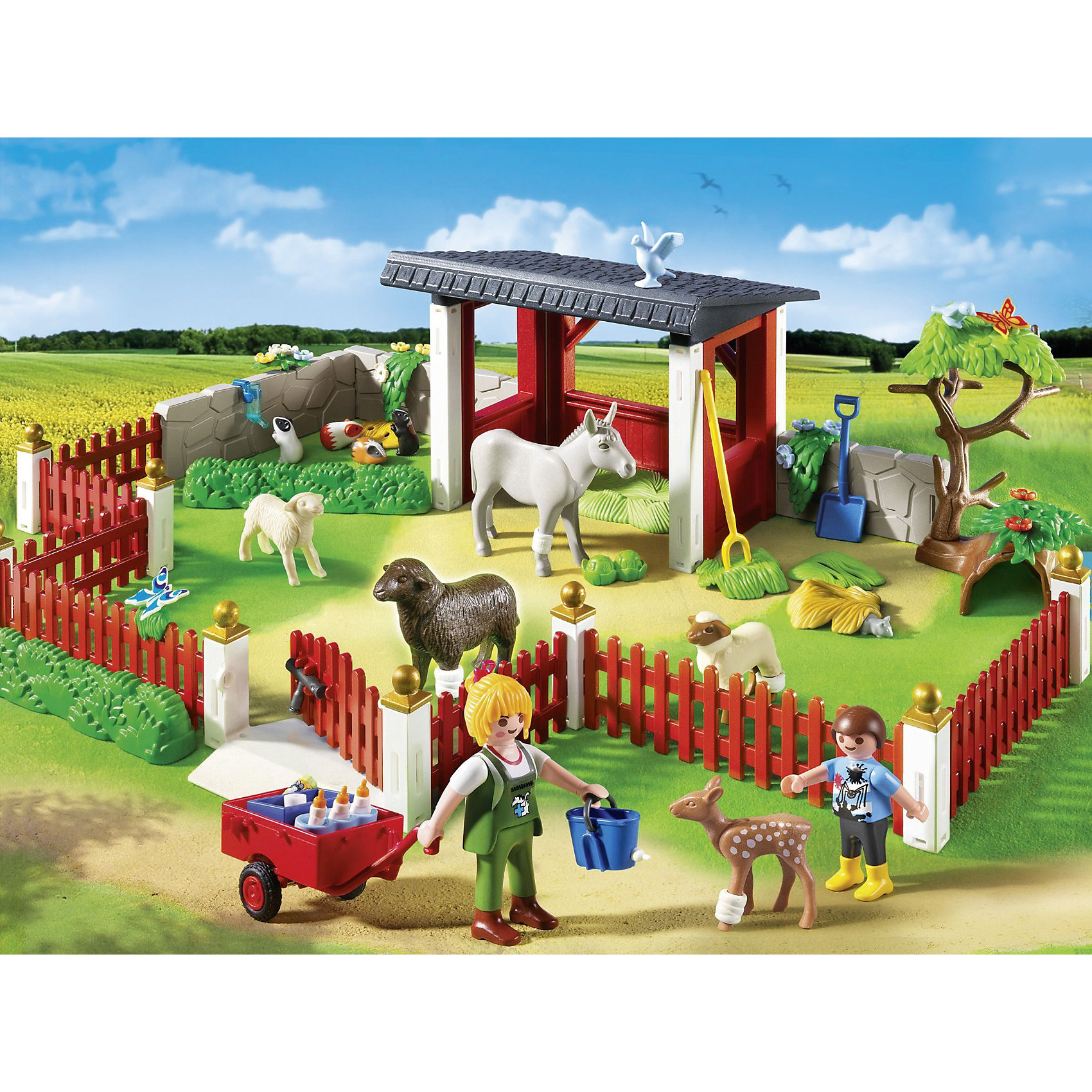 PLAYMOBIL 5531 Ветеринарная клиника: Уход за животными PLAYMOBIL 5531 Ветеринарная клиника: Уход за животнымиКонструктор PLAYMOBIL (Плеймобил) 5531 Ветеринарная клиника: Уход за животными - находка для заботливых родителей! Конструктор Вашего ребенка должен быть именно таким: красочным, безопасным и очень интересным. Серия Ветеринарная клиника специально создана для малышей которые обожают животных и мечтают помогать зверям, которые заболели. Ветеринарный врач - очень важная и ответственная профессия! Представить себя в роли доброго доктора спасающего зверей помогут наборы PLAYMOBIL (Плеймобил) из серии Ветеринарная клиника. Уход за животными - это масштабный набор, который позволит погрузиться в жизнь маленькой фермы, где бок о бок живут разные животные. За ними приглядывают ветеринар и ее сынок. Они кормят малышей из бутылочки, меняют воду в поилках и даже лечат, тех кто заболел. Построй ферму и убедись, что все животные хорошо устроились. Создай увлекательные сюжеты с набором Уход за животными или объедини его с другими наборами серии и игра станет еще интереснее. Придумывая замечательные сюжеты с деталями конструктора, Ваш ребенок развивает фантазию, учится заботе и просто прекрасно проводит время!<br><br>Дополнительная информация:<br><br>- Конструкторы PLAYMOBIL (Плеймобил) отлично развивают мелкую моторику, фантазию и воображение;<br>- В наборе: 2 минифигурки (ветеринара и ребенка), детали для строительства фермы, лошадь, овечки, барсуки, олененок, цветы, трава, поилка, инструменты, цветы, дерево, тележка, бинты и пластыри, аптечка, инструменты, аксессуары;<br>- Количество элементов: 114 шт;<br>- Материал: безопасный пластик;<br>- Размер минифигурки взрослого: 7,5 см;<br>- Размер минифигурки ребенка: 5,2 см;<br>- Размер упаковки: 30 х 40 х 11 см<br><br>Конструктор PLAYMOBIL (Плеймобил) 5531 Ветеринарная клиника: Уход за животными можно купить в нашем интернет-магазине.<br><br>Ширина мм: 402<br>Глубина мм: 299<br>Высота мм: 105<br>Вес г: 720<br>Возраст от месяцев: 48<br>Возраст до месяцев: 120<br>Пол: Унисекс<br>Возраст: Детский<br>SKU: 3350634