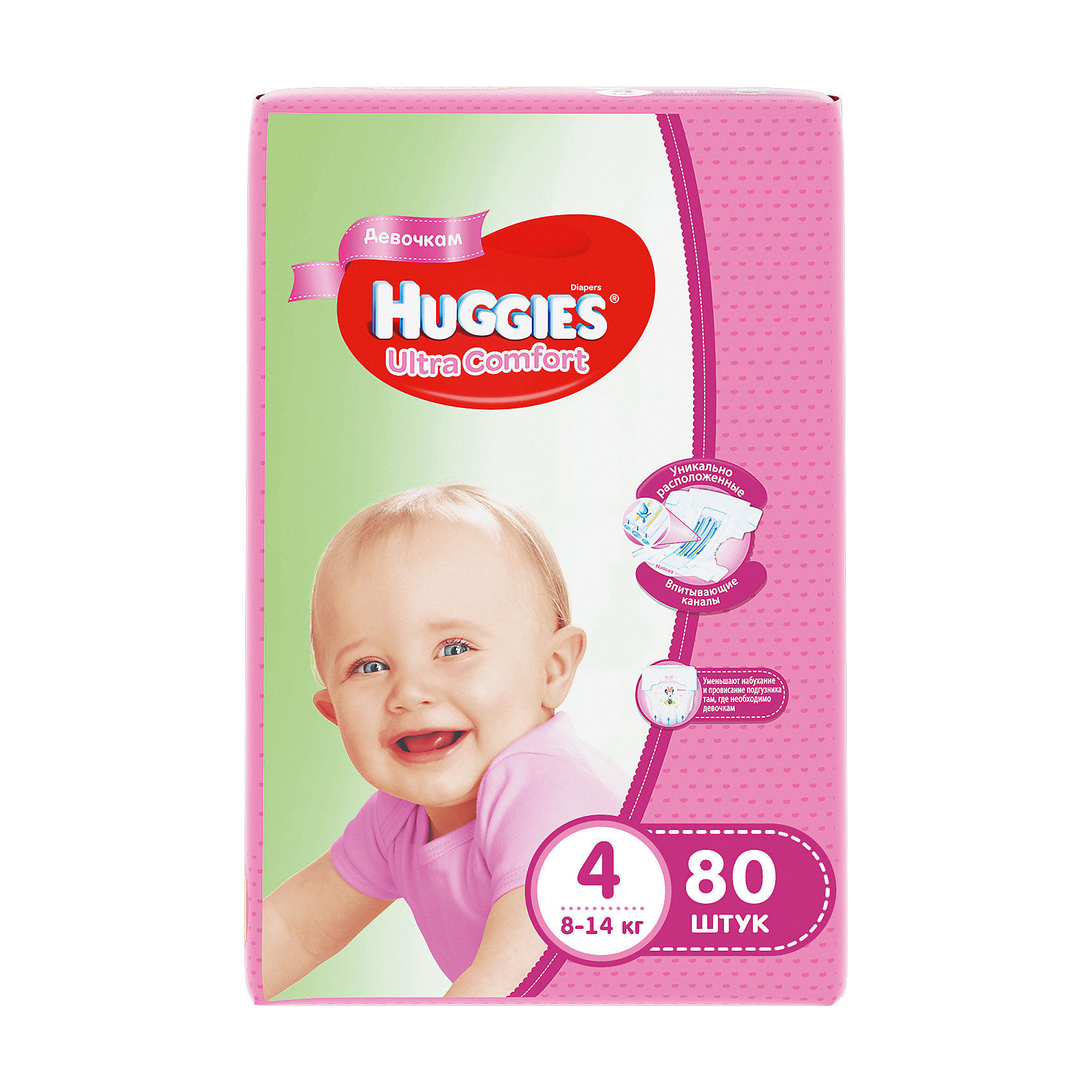 Подгузники Huggies Ultra Comfort для девочек Giga Pack (4) 8-14 кг, 80 шт. Подгузники Huggies Ultra Comfort для девочек Giga Pack (4) 8-14 кг, 80 шт.Минни Маус<br>С первых дней жизни мальчики и девочки такие разные.<br><br>Новые подгузники Huggies Ultra Comfort созданы специально для мальчиков и специально для девочек. Для лучшего впитывания распределяющий слой в этих подгузниках расположен там, где это нужнее всего: по центру для девочек и выше для мальчиков. Huggies Ultra Comfort изготовлены из мягких материалов с микропорами, которые позволяют коже «дышать». Специальные тянущиеся застежки с закругленными краями надежно фиксируют подгузник, а широкий суперэластичный поясок позволяет малышам свободно двигаться.<br><br>Ключевые преимущества новых Huggies Ultra Comfort:<br><br>- Широкий суперэластичный поясок помогает надежно фиксировать подгузник по спинке малыша и защищать кожу от натирания<br>- Анатомическая форма. Изогнутые резиночки повторяют анатомическую форму подгузника, помогая защитить от натирания между ножками <br>- Ультра мягкий внутренний слой по всей длине подгузника оберегает кожу малыша.<br>- Специально разработанный слой Dry Touch впитывает за секунды и помогает запереть влагу внутри.<br>- Яркие эксклюзивные подгузники c дизайном от Disney подчеркивают индивидуальность маленьких модников и модниц.<br><br>Huggies Ultra Comfort для мальчиков и для девочек — потому что они такие разные.<br><br>Дополнительная информация:<br><br>Для девочек.<br>Размер: 4, 8-14 кг.<br>В упаковке: 80 шт.<br><br>Подгузники Huggies Ultra Comfort для девочек Giga Pack (4) 8-14 кг, 80 шт. можно купить в нашем интернет-магазине.<br><br>Ширина мм: 415<br>Глубина мм: 375<br>Высота мм: 107<br>Вес г: 3040<br>Возраст от месяцев: 6<br>Возраст до месяцев: 24<br>Пол: Женский<br>Возраст: Детский<br>SKU: 3361322