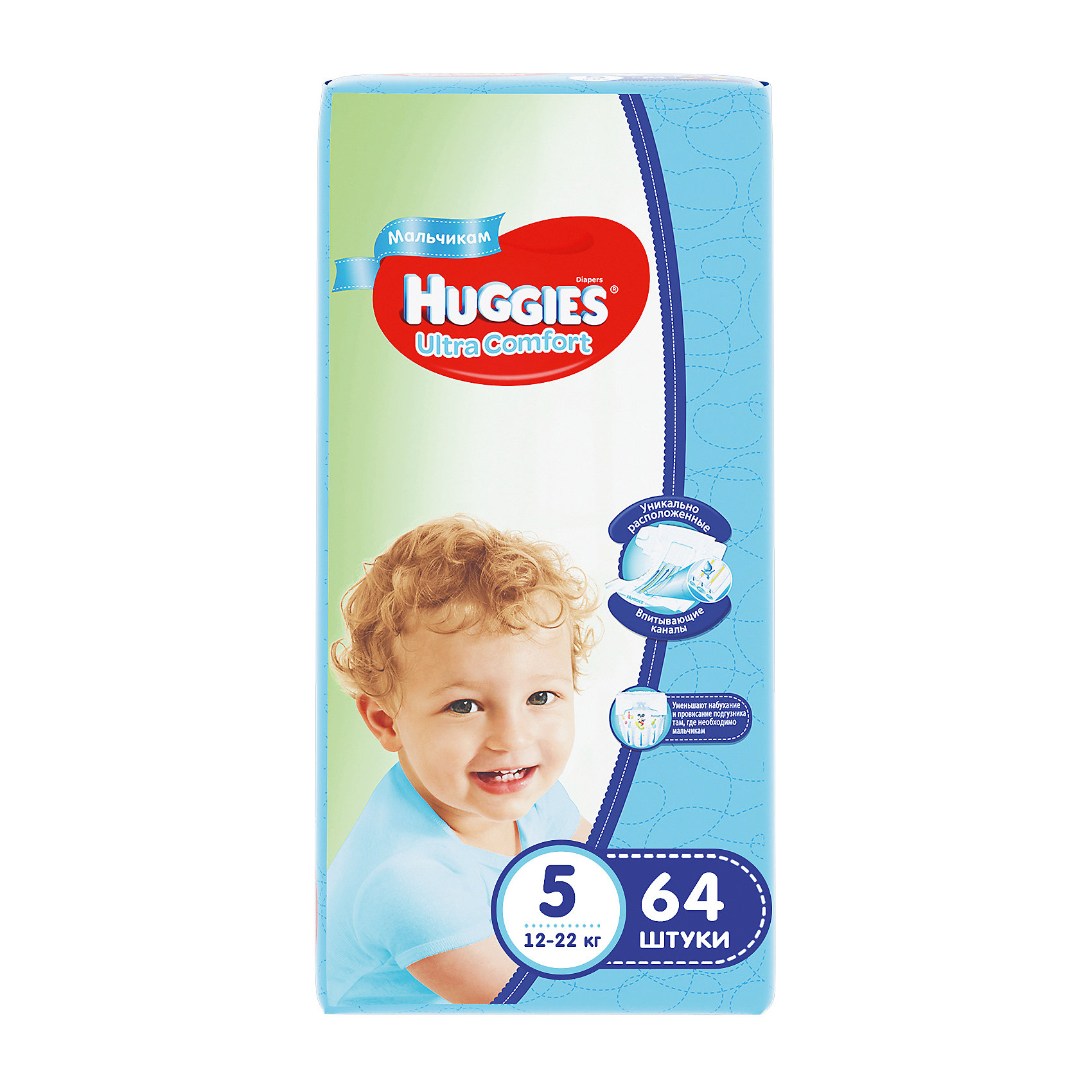 Подгузники Huggies Ultra Comfort для мальчиков Giga Pack (5) 12-22 кг, 64 шт. Подгузники Huggies Ultra Comfort для мальчиков Giga Pack (5) 12-22 кг, 64 шт.Подгузники классические<br>С первых дней жизни мальчики и девочки такие разные.<br><br>Новые подгузники Huggies Ultra Comfort созданы специально для мальчиков и специально для девочек. Для лучшего впитывания распределяющий слой в этих подгузниках расположен там, где это нужнее всего: по центру для девочек и выше для мальчиков. Huggies Ultra Comfort изготовлены из мягких материалов с микропорами, которые позволяют коже «дышать». Специальные тянущиеся застежки с закругленными краями надежно фиксируют подгузник, а широкий суперэластичный поясок позволяет малышам свободно двигаться.<br><br>Ключевые преимущества новых Huggies Ultra Comfort:<br><br>- Широкий суперэластичный поясок помогает надежно фиксировать подгузник по спинке малыша и защищать кожу от натирания<br>- Анатомическая форма. Изогнутые резиночки повторяют анатомическую форму подгузника, помогая защитить от натирания между ножками <br>- Ультра мягкий внутренний слой по всей длине подгузника оберегает кожу малыша.<br>- Специально разработанный слой Dry Touch впитывает за секунды и помогает запереть влагу внутри.<br>- Яркие эксклюзивные подгузники c дизайном от Disney подчеркивают индивидуальность маленьких модников и модниц.<br><br>Huggies Ultra Comfort для мальчиков и для девочек — потому что они такие разные.<br><br>Дополнительная информация:<br><br>Для мальчиков.<br>Размер: 5, 12-22 кг.<br>В упаковке: 64 шт.<br><br>Подгузники Huggies Ultra Comfort для мальчиков Giga Pack (5) 12-22 кг, 64 шт. можно купить в нашем интернет-магазине.<br><br>Ширина мм: 480<br>Глубина мм: 265<br>Высота мм: 107<br>Вес г: 2688<br>Возраст от месяцев: 12<br>Возраст до месяцев: 72<br>Пол: Мужской<br>Возраст: Детский<br>SKU: 3361323