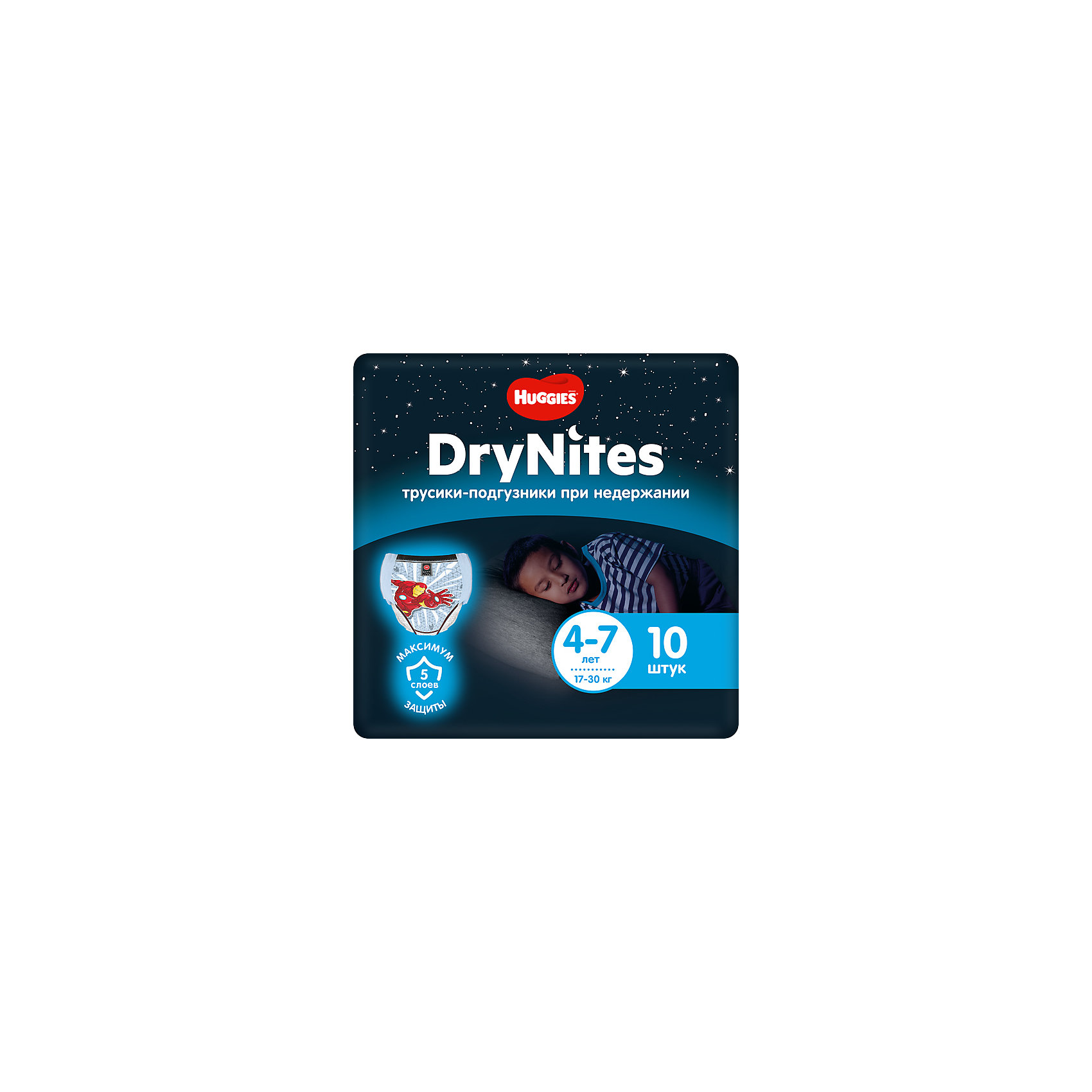 Трусики Huggies DryNites для мальчиков 4-7 лет, 17-30 кг, 10 шт. Трусики Huggies DryNites для мальчиков 4-7 лет, 17-30 кг, 10 шт.Трусики Huggies DryNites мягкие на ощупь, тонкие и незаметные, по выкройке, расцветке и рисункам на них напоминают обычное нижнее белье.<br><br>Специальный впитывающий слой, расположение и распределение которого учитывает анатомические особенности мальчиков и девочек, и защитные барьерчики позволяют обеспечивать надежную защиту на всю ночь. Благодаря эластичным вставкам по бокам трусики комфортны и хорошо сидят. Они не протекают, поэтому теперь родителям не придется вставать среди ночи, чтобы сменить постель и пижаму ребенка.<br><br>Дополнительная информация:<br><br>ночные трусики для детей, страдающих недержанием;<br>впитывающий слой и защитные барьерчики обеспечивают надежную защиту на всю ночь;<br>по выкройке и по расцветке напоминают обычное нижнее белье;<br>разный дизайн для мальчиков и девочек;<br><br>Для мальчиков<br>Размер: для детей 4-7 лет (17-30 кг)<br>В упаковке: 10 шт.<br><br>Трусики Huggies DryNites для мальчиков 4-7 лет, 17-30 кг, 10 шт. можно купить в нашем интернет-магазине.<br><br>Ширина мм: 245<br>Глубина мм: 132<br>Высота мм: 125<br>Вес г: 538<br>Возраст от месяцев: 48<br>Возраст до месяцев: 84<br>Пол: Мужской<br>Возраст: Детский<br>SKU: 3361330