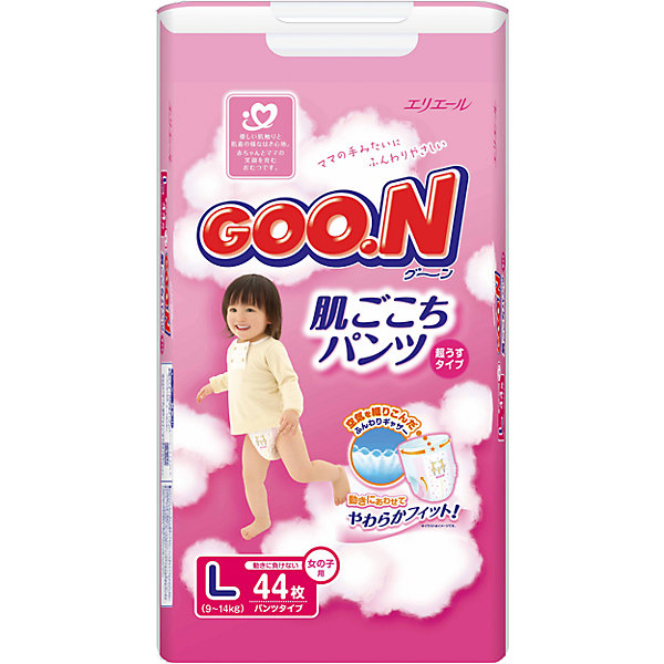 Подгузники-трусики Goon, L 9-14 кг, для девочек, 44 шт. Подгузники-трусики Goon, L 9-14 кг, для девочек, 44 шт.Трусики-подгузники<br>Внимание! У поставщика произошла замена упаковки и поменялось вложение. Возможно поступление товара в старой упаковке, количество вложений 46 шт.<br><br>Подгузники-трусики Goon для девочек премиум класса для чувствительной кожи понравятся Вашему малышу.<br><br>Невероятно удобные и супер-впитывающие трусики подойдут самым активным детям.<br><br>Дышащая поверхность внешней и внутренней стороны трусиков<br>Мягкая резинка на талии растягивается и сжимается<br>Трусики плотно прилегают к телу ребёнка, но не создают излишнего давления и дискомфорта малышу<br>Трусики легко одеваются и снимаются<br>На поясе спереди изображения 17 видов животных<br>По всему периметру проходит индикатор наполнения<br>Боковые сборки - надёжно защищают от протекания<br><br>Дополнительная информация:<br><br>Для девочек<br>Размер: L, 9-14 кг.<br>В упаковке: 44 шт.<br><br>Подгузники-трусики Goon, L 9-14 кг, для девочек, 44 шт. можно купить в нашем интернет-магазине.<br><br>Ширина мм: 164<br>Глубина мм: 219<br>Высота мм: 380<br>Вес г: 1520<br>Возраст от месяцев: 6<br>Возраст до месяцев: 24<br>Пол: Женский<br>Возраст: Детский<br>SKU: 3361345