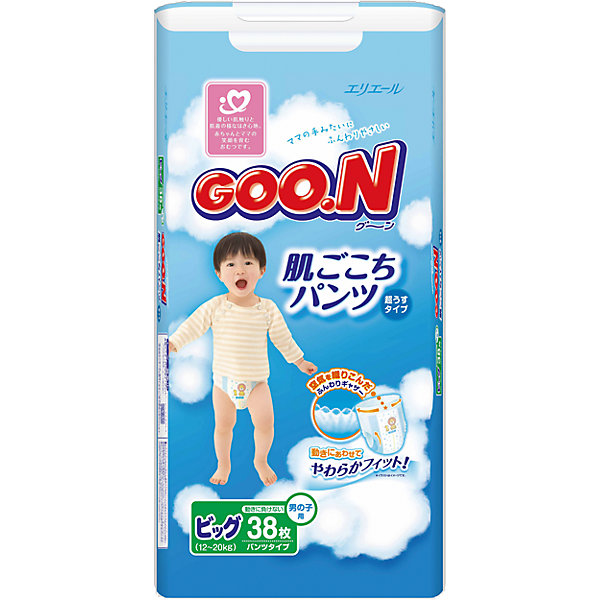 Подгузники-трусики Goon, XL 12-20 кг, для мальчиков, 38 шт. Подгузники-трусики Goon, XL 12-20 кг, для мальчиков, 38 шт.Трусики-подгузники<br>Внимание! У поставщика произошла замена упаковки и поменялось вложение. Возможно поступление товара в старой упаковке, количество вложений 40 шт.<br><br><br>Подгузники-трусики Goon для мальчиков премиум класса для чувствительной кожи понравятся Вашему малышу.<br><br>Невероятно удобные и супер-впитывающие трусики подойдут самым активным детям.<br><br>Дышащая поверхность внешней и внутренней стороны трусиков<br>Мягкая резинка на талии растягивается и сжимается<br>Трусики плотно прилегают к телу ребёнка, но не создают излишнего давления и дискомфорта малышу<br>Трусики легко одеваются и снимаются<br>На поясе спереди изображения 17 видов животных<br>По всему периметру проходит индикатор наполнения<br>Боковые сборки - надёжно защищают от протекания<br><br>Дополнительная информация:<br><br>Для мальчиков<br>Размер: XL, 12-20 кг.<br>В упаковке: 38 шт.<br><br>Подгузники-трусики Goon, XL 12-20 кг, для мальчиков, 38 шт. можно купить в нашем интернет-магазине.<br><br>Ширина мм: 160<br>Глубина мм: 206<br>Высота мм: 400<br>Вес г: 1450<br>Возраст от месяцев: 12<br>Возраст до месяцев: 36<br>Пол: Мужской<br>Возраст: Детский<br>SKU: 3361346