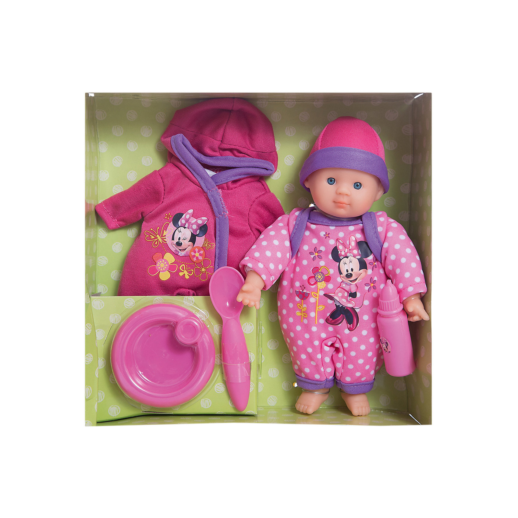 Пупс, Minnie Mouse Пупс, Minnie MouseКуклы-пупсы<br>Очаровательный пупс Minnie Mouse(Минни Маус) от Simba — замечательный подарок для маленьких поклонниц Minnie Mouse. Кукла одета в розовый костюм в горох с изображением диснеевского персонажа Минни Маус. Пупса Minnie Mouse можно покормить - у него есть своя бутылочка, тарелка и ложка, а затем сводить на прогулку, одев его в теплый комбинезончик. Тело пупса — мягконабивное.<br><br>Пупс Minnie Mouse непременно понравится вашей малышке!<br><br>Дополнительная информация:<br><br>- В комплекте: Пупс Minnie Mouse, комбинезон для прогулки, посуда для кормления.<br>- Материал: пластик, текстиль<br>- Высота куклы: ок.20 см. <br>- Размеры упаковки: (Д)36 Х (Ш)11 Х(В)32 см<br>- Вес: 300 г.<br><br>Игрушку Пупс Minnie Mouse можно купить в нашем интернет-магазине.<br><br>Ширина мм: 220<br>Глубина мм: 65<br>Высота мм: 220<br>Вес г: 300<br>Возраст от месяцев: 36<br>Возраст до месяцев: 84<br>Пол: Женский<br>Возраст: Детский<br>SKU: 3373370