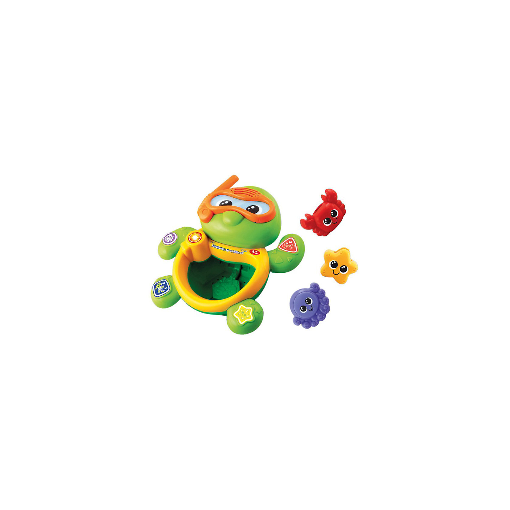 Игрушка для ванной Черепаха, Vtech Игрушка для ванной Черепаха, VtechИнтерактивные игрушки для малышей<br>Игрушка для ванной Черепаха, Vtech (Втеч).<br><br>Характеристики:<br><br>• Для детей от 9 месяцев<br>• Комплектация: музыкальная черепаха, 3 фигурки морских животных<br>• 5 мелодий, множество звуков песенка из мультфильма «Крошка Енот»<br>• Материал: пластик<br>• Батарейки: 2 типа ААА (в комплекте демонстрационные)<br>• Упаковка: красочная подарочная коробка<br>• Размер упаковки: 30х25х12 см.<br><br>Плавающая черепаха от французской компании Vtech – восхитительная игрушка для ванны, с которой купание вашего малыша будет не только веселым, но и познавательным! <br><br>Нажимая на кнопочки, расположенные на лапках черепахи, ваш малыш выучит названия морских животных, цвета и геометрические фигуры. В набор также 3 фигурки морских животных (краб, звездочка и осьминог-брызгалка). Если фигурки поместить в живот черепахи, то можно услышать веселые звуки. <br><br>Черепашка является водонепроницаемой, опуская и вынимая её из воды, малыш услышит множество веселых мелодий и фраз. Игрушка изготовлена из прочного безопасного не бьющегося пластика. Продается в красочной коробке и идеально подходит в качестве подарка.<br><br>Игрушку для ванной Черепаха, Vtech (Втеч) можно купить в нашем интернет-магазине.<br><br>Ширина мм: 120<br>Глубина мм: 300<br>Высота мм: 240<br>Вес г: 1000<br>Возраст от месяцев: 12<br>Возраст до месяцев: 48<br>Пол: Унисекс<br>Возраст: Детский<br>SKU: 3380330