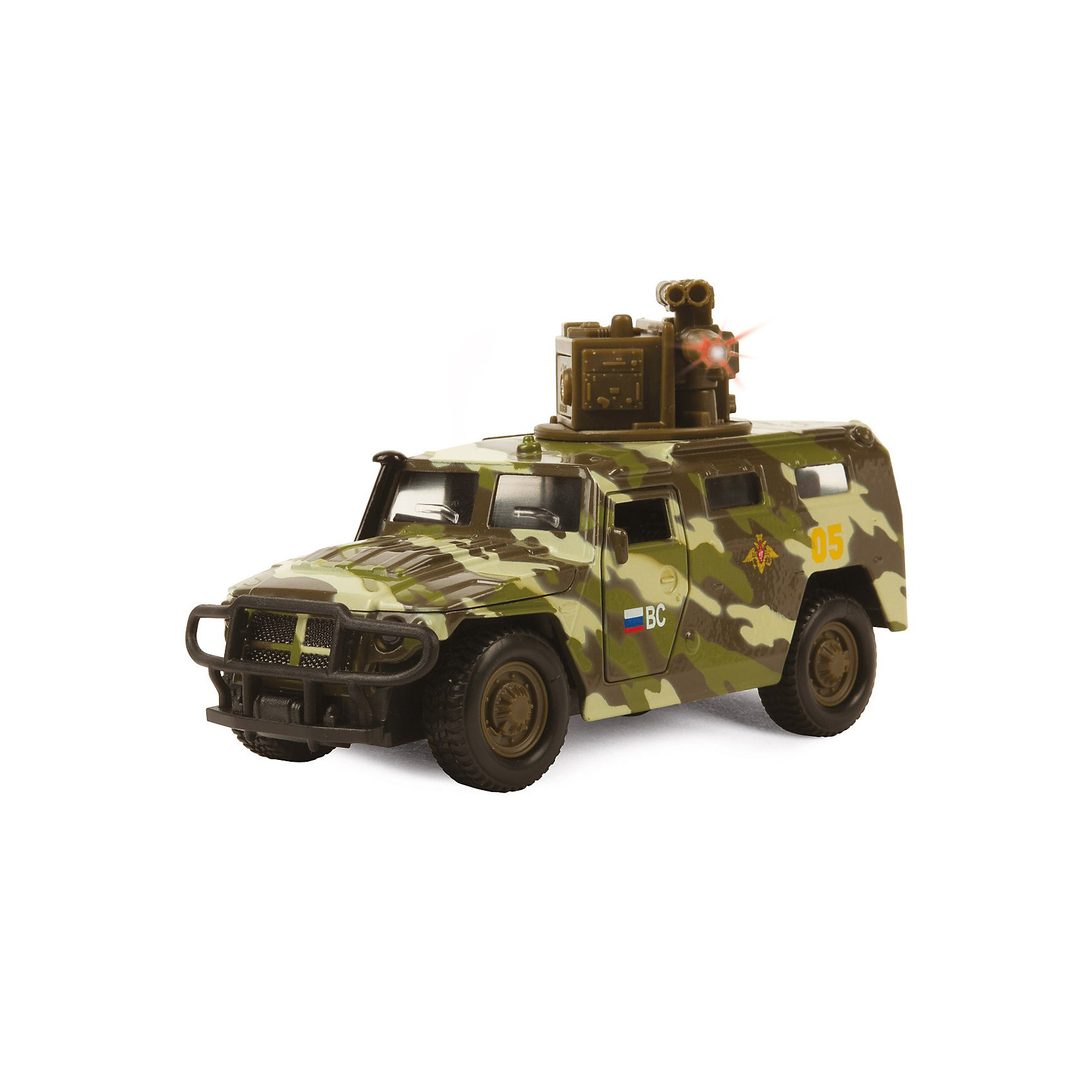 Машина ГАЗ Тигр, 1:43, со светом и звуком, ТЕХНОПАРК Машина ГАЗ Тигр, 1:43, со светом и звуком, ТЕХНОПАРКМашинки<br>Металлическая инерционная машинка со световыми и звуковыми эффектами. Башня крутится на 360 градусов и при нажатии на кнопочку издаёт звук стрельбы и свет. Капот и двери и открываются. <br><br>Дополнительная информация:<br><br>- Масштаб: 1:43.<br>- Работает от батареек.<br>- Материал: металл, пластик.<br>- Размер упаковки: 19 х 16 х 7 см<br>- Модель: ГАЗ-2330 «Тигр».<br><br>Машину ГАЗ Тигр, 1:43, со светом и звуком, ТЕХНОПАРК можно купить в нашем магазине.<br><br>Ширина мм: 70<br>Глубина мм: 190<br>Высота мм: 160<br>Вес г: 154<br>Возраст от месяцев: 36<br>Возраст до месяцев: 144<br>Пол: Мужской<br>Возраст: Детский<br>SKU: 3384163