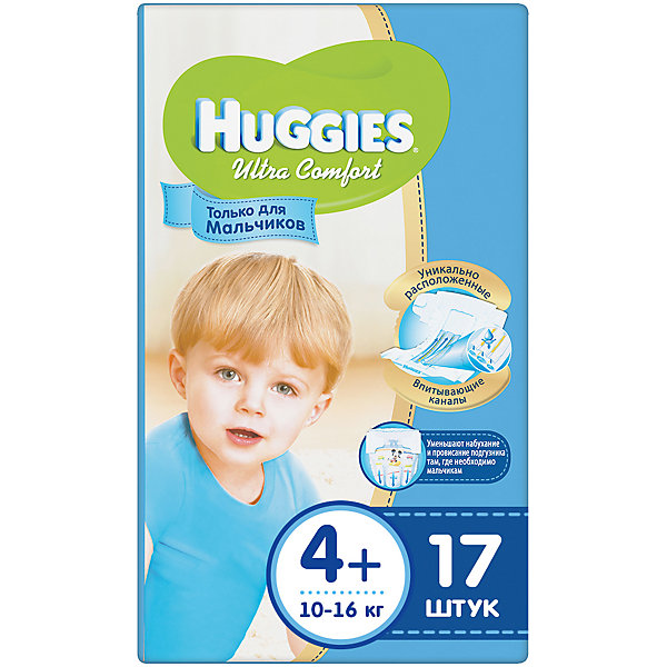 Подгузники Huggies Ultra Comfort 4+ для мальчиков, 10-16 кг, 17 шт. Подгузники Huggies Ultra Comfort 4+ для мальчиков, 10-16 кг, 17 шт.Подгузники классические<br>С первых дней жизни мальчики и девочки такие разные.<br><br>Новые подгузники Huggies Ultra Comfort созданы специально для мальчиков и специально для девочек. Для лучшего впитывания распределяющий слой в этих подгузниках расположен там, где это нужнее всего: по центру для девочек и выше для мальчиков. Huggies Ultra Comfort изготовлены из мягких материалов с микропорами, которые позволяют коже «дышать». Специальные тянущиеся застежки с закругленными краями надежно фиксируют подгузник, а широкий суперэластичный поясок позволяет малышам свободно двигаться.<br><br>Ключевые преимущества новых Huggies Ultra Comfort:<br><br>- Широкий суперэластичный поясок помогает надежно фиксировать подгузник по спинке малыша и защищать кожу от натирания<br>- Анатомическая форма. Изогнутые резиночки повторяют анатомическую форму подгузника, помогая защитить от натирания между ножками <br>- Ультра мягкий внутренний слой по всей длине подгузника оберегает кожу малыша.<br>- Специально разработанный слой Dry Touch впитывает за секунды и помогает запереть влагу внутри.<br>- Яркие эксклюзивные подгузники c дизайном от Disney подчеркивают индивидуальность маленьких модников и модниц.<br><br>Huggies Ultra Comfort для мальчиков и для девочек — потому что они такие разные.<br><br>Дополнительная информация:<br><br>Для мальчиков.<br>Размер: 4+, для малышей от 10 до 16 кг.<br>В упаковке: 17 шт.<br><br>Подгузники Huggies Ultra Comfort для мальчиков (4+) 10-16 кг, 17 шт. можно купить в нашем интернет-магазине.<br><br>Ширина мм: 220<br>Глубина мм: 170<br>Высота мм: 107<br>Вес г: 663<br>Возраст от месяцев: 6<br>Возраст до месяцев: 24<br>Пол: Мужской<br>Возраст: Детский<br>SKU: 3389821