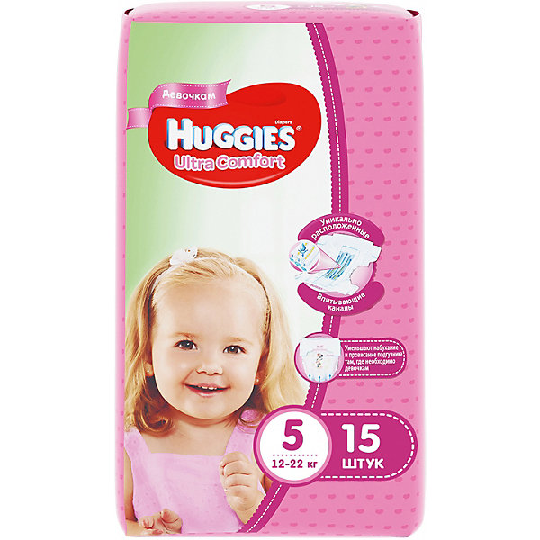 Подгузники Huggies Ultra Comfort 5 для девочек, 12-22 кг, 15 шт. Подгузники Huggies Ultra Comfort 5 для девочек, 12-22 кг, 15 шт.Подгузники классические<br>С первых дней жизни мальчики и девочки такие разные.<br><br>Новые подгузники Huggies Ultra Comfort созданы специально для мальчиков и специально для девочек. Для лучшего впитывания распределяющий слой в этих подгузниках расположен там, где это нужнее всего: по центру для девочек и выше для мальчиков. Huggies Ultra Comfort изготовлены из мягких материалов с микропорами, которые позволяют коже «дышать». Специальные тянущиеся застежки с закругленными краями надежно фиксируют подгузник, а широкий суперэластичный поясок позволяет малышам свободно двигаться.<br><br>Ключевые преимущества новых Huggies Ultra Comfort:<br><br>- Широкий суперэластичный поясок помогает надежно фиксировать подгузник по спинке малыша и защищать кожу от натирания<br>- Анатомическая форма. Изогнутые резиночки повторяют анатомическую форму подгузника, помогая защитить от натирания между ножками <br>- Ультра мягкий внутренний слой по всей длине подгузника оберегает кожу малыша.<br>- Специально разработанный слой Dry Touch впитывает за секунды и помогает запереть влагу внутри.<br>- Яркие эксклюзивные подгузники c дизайном от Disney подчеркивают индивидуальность маленьких модников и модниц.<br><br>Huggies Ultra Comfort для мальчиков и для девочек — потому что они такие разные.<br><br>Дополнительная информация:<br><br>Для девочек.<br>Размер: 5, для малышей от 12 до 22 кг.<br>В упаковке: 15 шт.<br><br>Подгузники Huggies Ultra Comfort для девочек (5) 12-22 кг, 15 шт. можно купить в нашем интернет-магазине.<br><br>Ширина мм: 240<br>Глубина мм: 150<br>Высота мм: 107<br>Вес г: 630<br>Возраст от месяцев: 12<br>Возраст до месяцев: 84<br>Пол: Женский<br>Возраст: Детский<br>SKU: 3389824