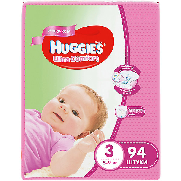 Подгузники Huggies Ultra Comfort 3 Giga Pack для девочек, 5-9 кг, 94 шт. Подгузники Huggies Ultra Comfort 3 Giga Pack для девочек, 5-9 кг, 94 шт.Минни Маус<br>С первых дней жизни мальчики и девочки такие разные.<br><br>Новые подгузники Huggies Ultra Comfort созданы специально для мальчиков и специально для девочек. Для лучшего впитывания распределяющий слой в этих подгузниках расположен там, где это нужнее всего: по центру для девочек и выше для мальчиков. Huggies Ultra Comfort изготовлены из мягких материалов с микропорами, которые позволяют коже «дышать». Специальные тянущиеся застежки с закругленными краями надежно фиксируют подгузник, а широкий суперэластичный поясок позволяет малышам свободно двигаться.<br><br>Ключевые преимущества новых Huggies Ultra Comfort:<br><br>- Широкий суперэластичный поясок помогает надежно фиксировать подгузник по спинке малыша и защищать кожу от натирания<br>- Анатомическая форма. Изогнутые резиночки повторяют анатомическую форму подгузника, помогая защитить от натирания между ножками <br>- Ультра мягкий внутренний слой по всей длине подгузника оберегает кожу малыша.<br>- Специально разработанный слой Dry Touch впитывает за секунды и помогает запереть влагу внутри.<br>- Яркие эксклюзивные подгузники c дизайном от Disney подчеркивают индивидуальность маленьких модников и модниц.<br><br>Huggies Ultra Comfort для мальчиков и для девочек — потому что они такие разные.<br><br>Дополнительная информация:<br><br>Для девочек.<br>Размер: 3, для малышей от 5 до 9 кг.<br>В упаковке: 94 шт.<br><br>Подгузники Huggies Ultra Comfort для девочек Giga Pack (3) 5-9 кг, 94 шт. можно купить в нашем интернет-магазине.<br><br>Ширина мм: 410<br>Глубина мм: 405<br>Высота мм: 107<br>Вес г: 3008<br>Возраст от месяцев: 0<br>Возраст до месяцев: 9<br>Пол: Женский<br>Возраст: Детский<br>SKU: 3389826