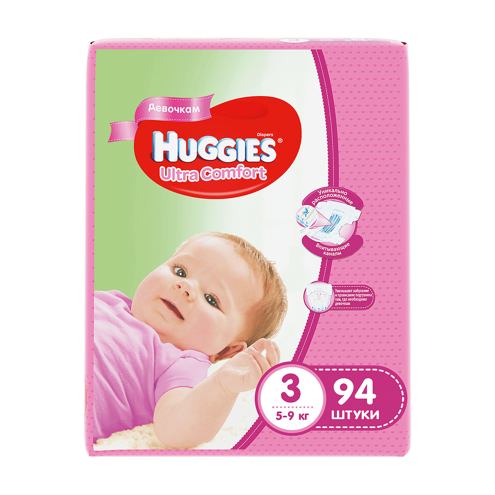 Подгузники Huggies Ultra Comfort для девочек Giga Pack (3) 5-9 кг, 94 шт. Подгузники Huggies Ultra Comfort для девочек Giga Pack (3) 5-9 кг, 94 шт.Подгузники классические<br>С первых дней жизни мальчики и девочки такие разные.<br><br>Новые подгузники Huggies Ultra Comfort созданы специально для мальчиков и специально для девочек. Для лучшего впитывания распределяющий слой в этих подгузниках расположен там, где это нужнее всего: по центру для девочек и выше для мальчиков. Huggies Ultra Comfort изготовлены из мягких материалов с микропорами, которые позволяют коже «дышать». Специальные тянущиеся застежки с закругленными краями надежно фиксируют подгузник, а широкий суперэластичный поясок позволяет малышам свободно двигаться.<br><br>Ключевые преимущества новых Huggies Ultra Comfort:<br><br>- Широкий суперэластичный поясок помогает надежно фиксировать подгузник по спинке малыша и защищать кожу от натирания<br>- Анатомическая форма. Изогнутые резиночки повторяют анатомическую форму подгузника, помогая защитить от натирания между ножками <br>- Ультра мягкий внутренний слой по всей длине подгузника оберегает кожу малыша.<br>- Специально разработанный слой Dry Touch впитывает за секунды и помогает запереть влагу внутри.<br>- Яркие эксклюзивные подгузники c дизайном от Disney подчеркивают индивидуальность маленьких модников и модниц.<br><br>Huggies Ultra Comfort для мальчиков и для девочек — потому что они такие разные.<br><br>Дополнительная информация:<br><br>Для девочек.<br>Размер: 3, для малышей от 5 до 9 кг.<br>В упаковке: 94 шт.<br><br>Подгузники Huggies Ultra Comfort для девочек Giga Pack (3) 5-9 кг, 94 шт. можно купить в нашем интернет-магазине.<br><br>Ширина мм: 410<br>Глубина мм: 405<br>Высота мм: 107<br>Вес г: 3008<br>Возраст от месяцев: 0<br>Возраст до месяцев: 9<br>Пол: Женский<br>Возраст: Детский<br>SKU: 3389826