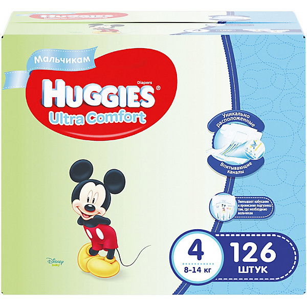 Подгузники Huggies Ultra Comfort 4 Disney Box для мальчиков, 8-14 кг, 126 шт. (42х3) Подгузники Huggies Ultra Comfort 4 Disney Box для мальчиков, 8-14 кг, 126 шт. (42х3)Mickey Mouse Для малышей<br>С первых дней жизни мальчики и девочки такие разные.<br><br>Новые подгузники Huggies Ultra Comfort созданы специально для мальчиков и специально для девочек. Для лучшего впитывания распределяющий слой в этих подгузниках расположен там, где это нужнее всего: по центру для девочек и выше для мальчиков. Huggies Ultra Comfort изготовлены из мягких материалов с микропорами, которые позволяют коже «дышать». Специальные тянущиеся застежки с закругленными краями надежно фиксируют подгузник, а широкий суперэластичный поясок позволяет малышам свободно двигаться.<br><br>Ключевые преимущества новых Huggies Ultra Comfort:<br><br>- Широкий суперэластичный поясок помогает надежно фиксировать подгузник по спинке малыша и защищать кожу от натирания<br>- Анатомическая форма. Изогнутые резиночки повторяют анатомическую форму подгузника, помогая защитить от натирания между ножками <br>- Ультра мягкий внутренний слой по всей длине подгузника оберегает кожу малыша.<br>- Специально разработанный слой Dry Touch впитывает за секунды и помогает запереть влагу внутри.<br>- Яркие эксклюзивные подгузники c дизайном от Disney подчеркивают индивидуальность маленьких модников и модниц.<br><br>Huggies Ultra Comfort для мальчиков и для девочек — потому что они такие разные.<br><br>Дополнительная информация:<br><br>Для мальчиков.<br>Размер: 4, для малышей от 8 до 14 кг.<br>В упаковке: 126 шт.<br><br>Подгузники Huggies Ultra Comfort для мальчиков Disney Box (4) 8-14 кг, 126 шт. (42х3) можно купить в нашем интернет-магазине.<br><br>Ширина мм: 402<br>Глубина мм: 242<br>Высота мм: 340<br>Вес г: 4788<br>Возраст от месяцев: 6<br>Возраст до месяцев: 24<br>Пол: Мужской<br>Возраст: Детский<br>SKU: 3389827