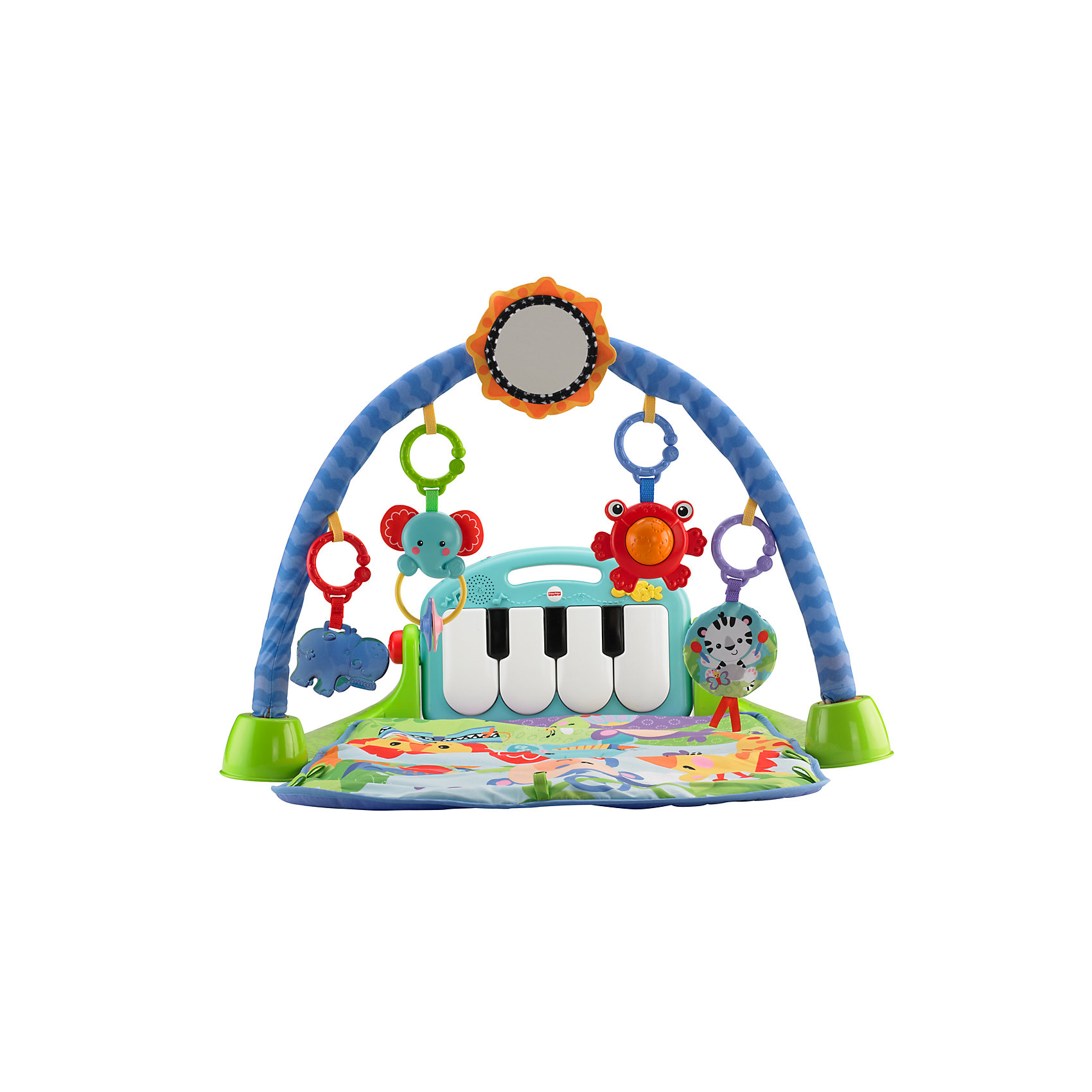Развивающий игровой коврик Пианино, Fisher-Price Развивающий игровой коврик Пианино, Fisher-PriceРазвивающие коврики<br>Развивающий игровой коврик Пианино, Fisher-Price - идеальное место для отдыха и игр малыша. На коврике изображена красочная сценка со множеством забавных зверюшек, играющих на музыкальных инструментах, которые малыш с интересом будет рассматривать. С одной стороны к коврику прикреплено съемное пластиковое пианино с крупными клавишами, на которые ребенок может нажимать как ручками (в положении сидя), так и ножками (в положении лежа) или играть с ним отдельно. У пианино предусмотрено два режима: для короткой (ноты, короткие песенки) и продолжительной игры (длительные мелодии до 15 минут непрерывного проигрывания), имеется регулятор громкости. <br><br>На съемной дуге подвешены яркие красочные игрушки - зеркальце в виде цветочка, грызунок Гиппопотам, погремушка Слоник, Лягушка с вращающимся валиком, мягкий медальон с тигренком. Малыш может играть сидя или лежа, яркие картинки, привлекательные игрушки и веселые мелодии будут побуждать его к двигательной активности, развивать мелкую моторику, слуховые и зрительные навыки. Коврик компактно складывается и не занимает много места, изготовлен из гипоаллергенных, качественных и совершенно безопасных для малыша материалов. <br><br>Дополнительная информация:<br><br>- Материал: текстильные материалы, пластик.<br>- Требуются батарейки: 3 х АА (R6) (входят в комплект).<br>- Размер коврика: 70 х 48 см.<br>- Размер упаковки: 58,5 х 7,5 х 46 см.<br>- Вес: 2 кг.<br><br>Развивающий игровой коврик Пианино, Fisher-Price, можно купить в нашем интернет-магазине.<br><br>Ширина мм: 680<br>Глубина мм: 455<br>Высота мм: 82<br>Вес г: 1995<br>Возраст от месяцев: 0<br>Возраст до месяцев: 12<br>Пол: Унисекс<br>Возраст: Детский<br>SKU: 3399157